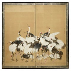 Retro 19th Century Crane Screen by Masuda Keido (1810-1875)