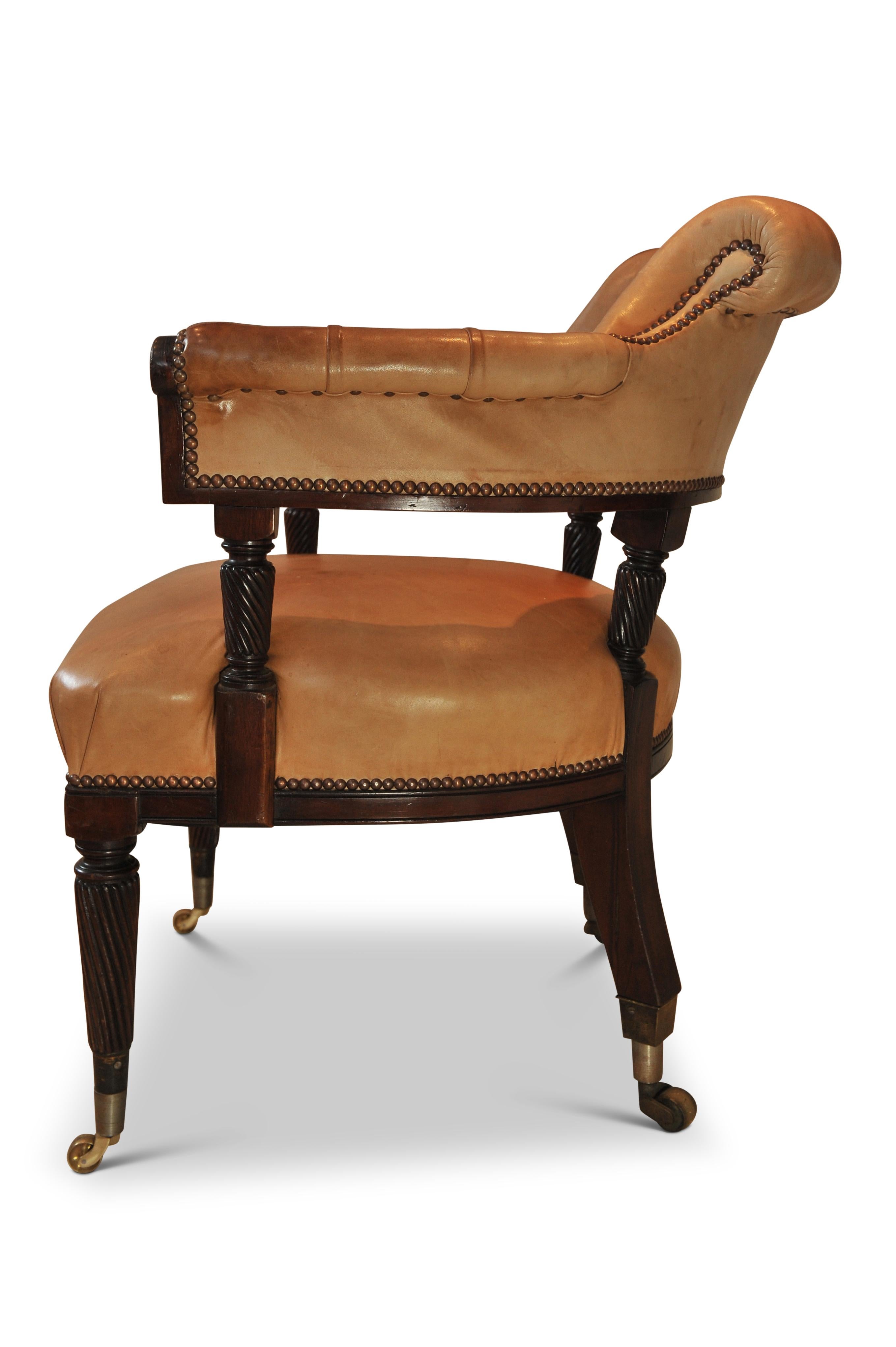19th Century Cream Leather Buttonback Captains Chair With Brass Studs & Castors For Sale 1