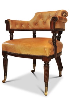 19th Century Cream Leather Buttonback Captains Chair With Brass Studs & Castors