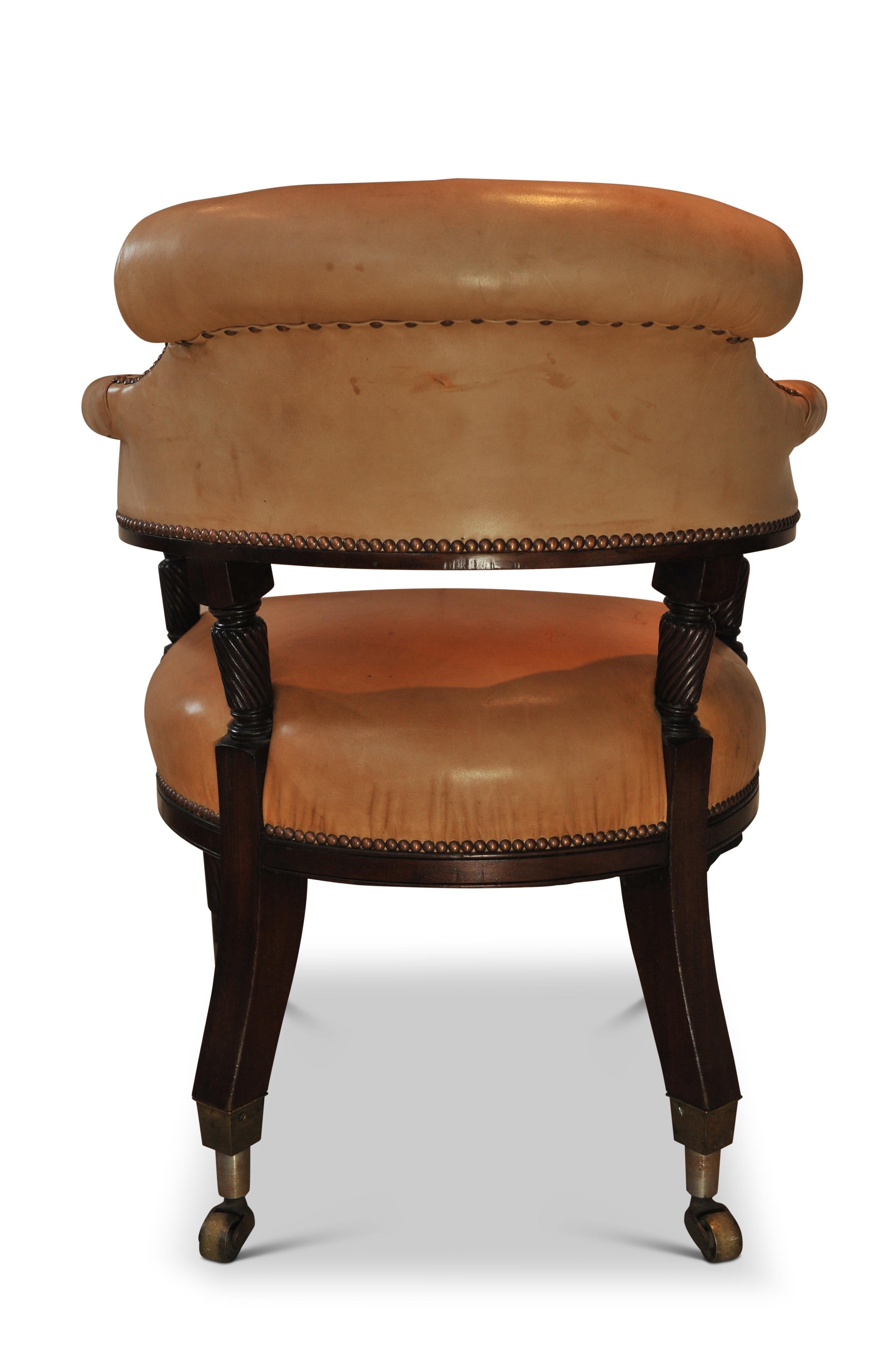 19th Century Cream Leather Buttonback Captains Chair With Brass Studs & Castors For Sale 2