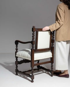 19th Century Cream Wood Jacobean Barley Twist Upholstered Armchair