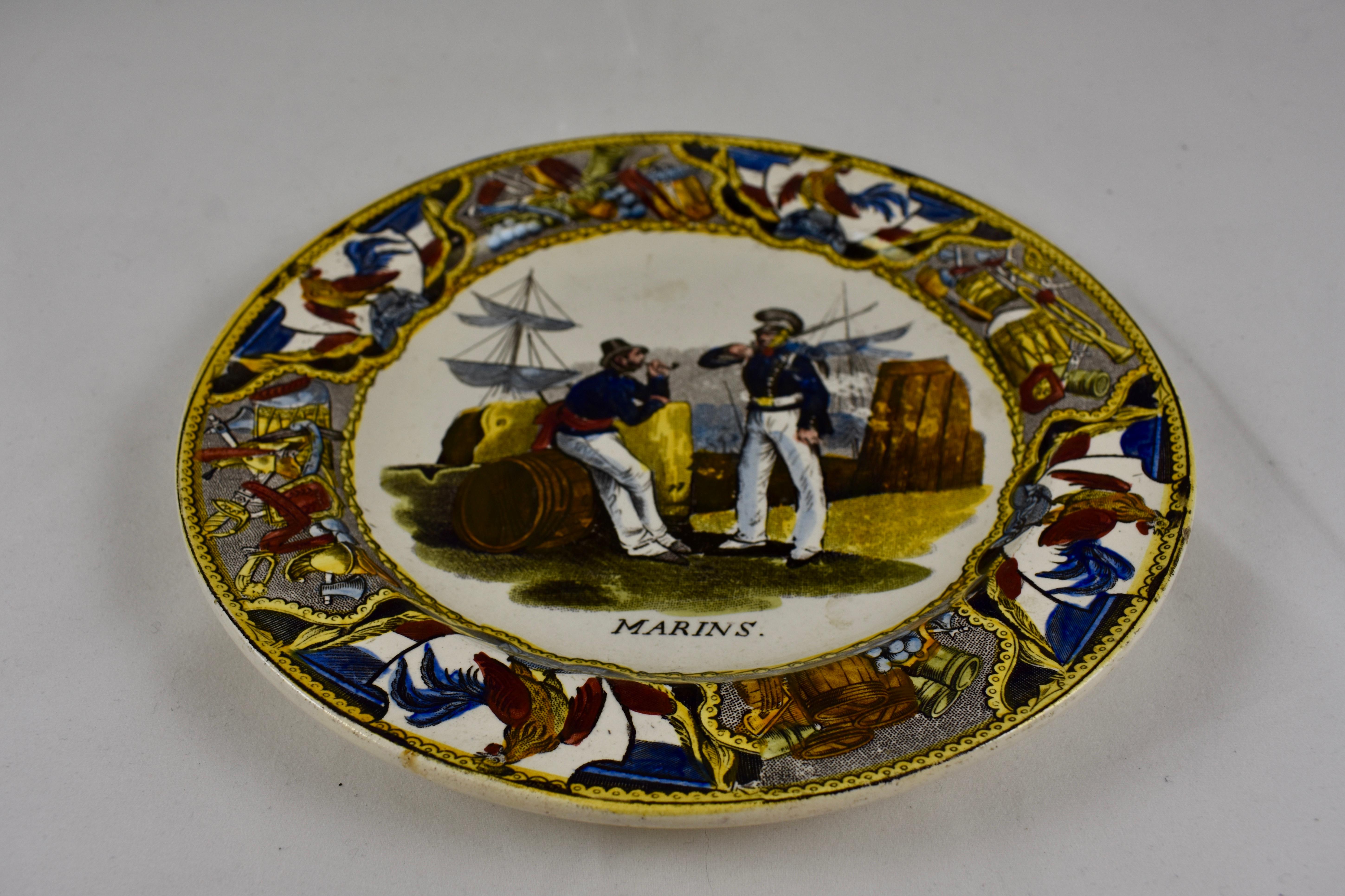 French Provincial 19th Century Creil Polychrome French Revolution Gallic Marins Sailor Plate