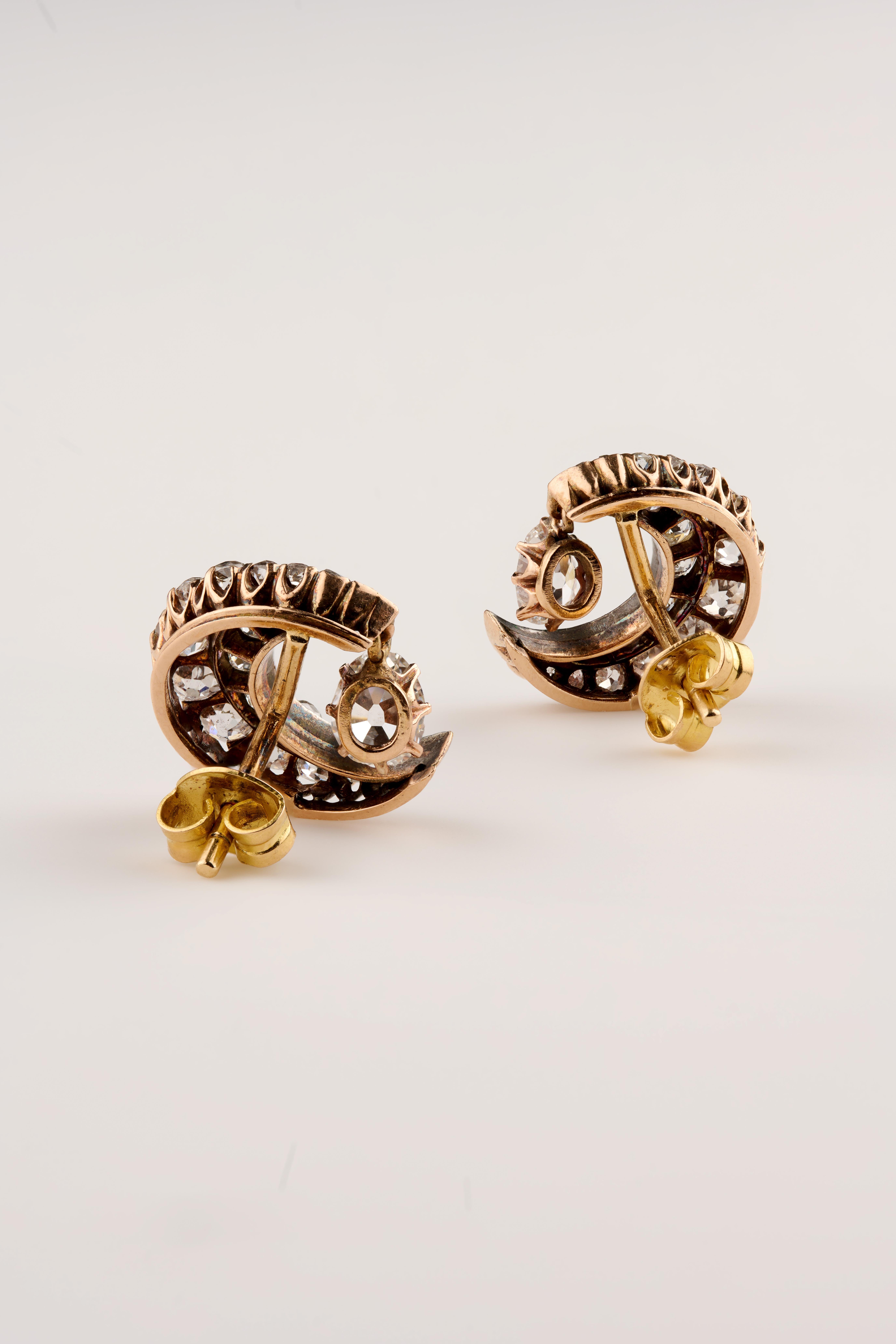 Old Mine Cut 19th Century Crescent Moon and Star Gold and Diamond Earrings