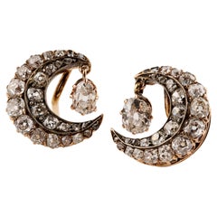 19th Century Crescent Moon and Star Gold and Diamond Earrings