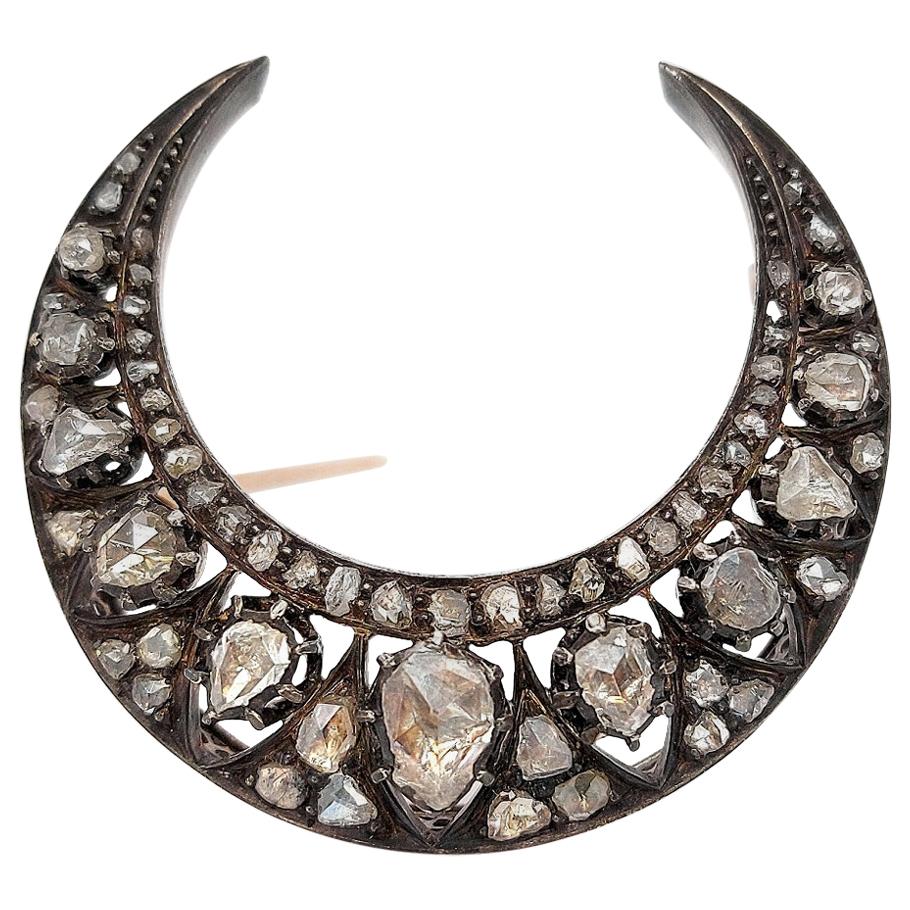 18kt Gold and Silver Moon Brooch with Rose Cut Diamonds 19th Century Crescent  For Sale