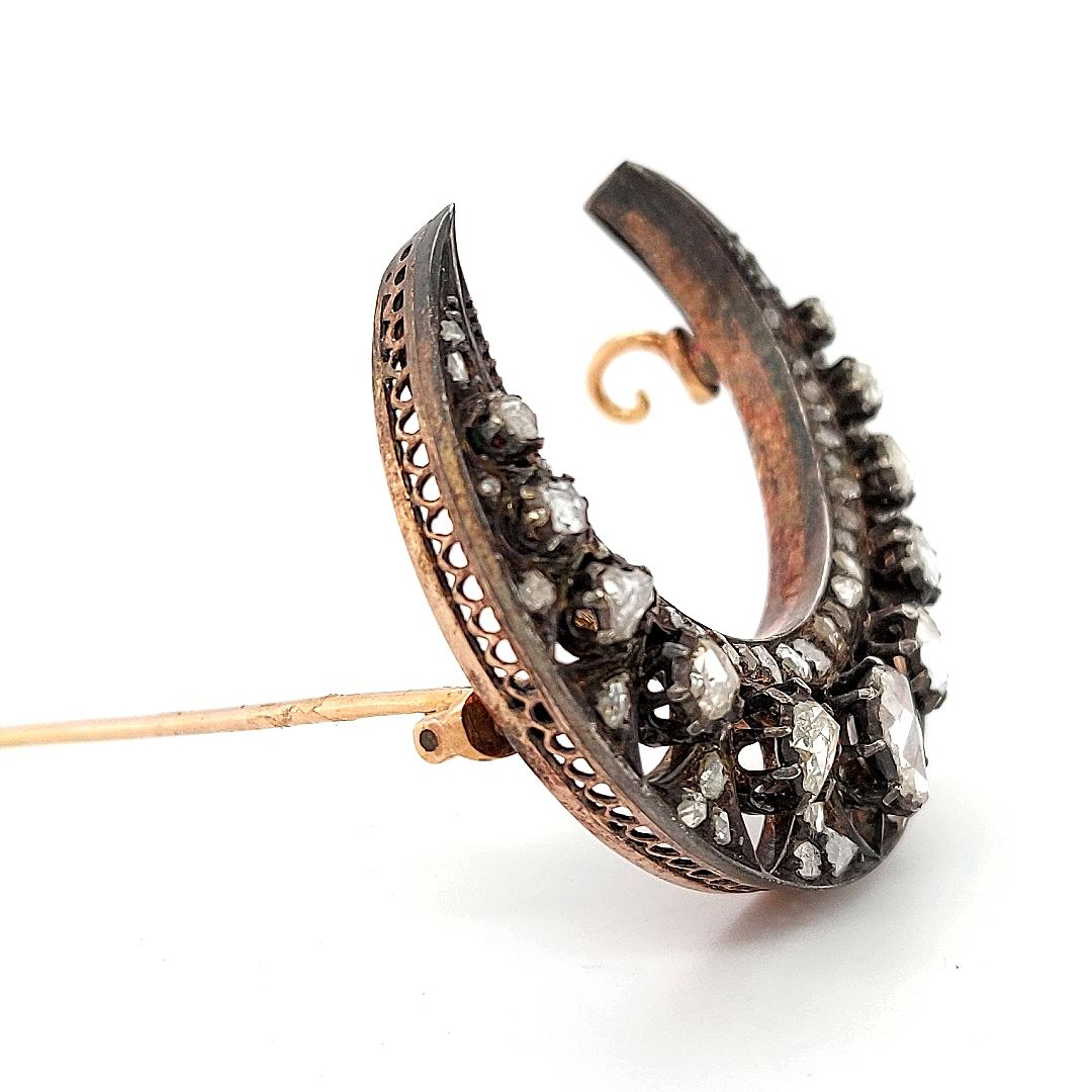 18kt Gold and Silver Moon Brooch with Rose Cut Diamonds 19th Century Crescent  For Sale 7