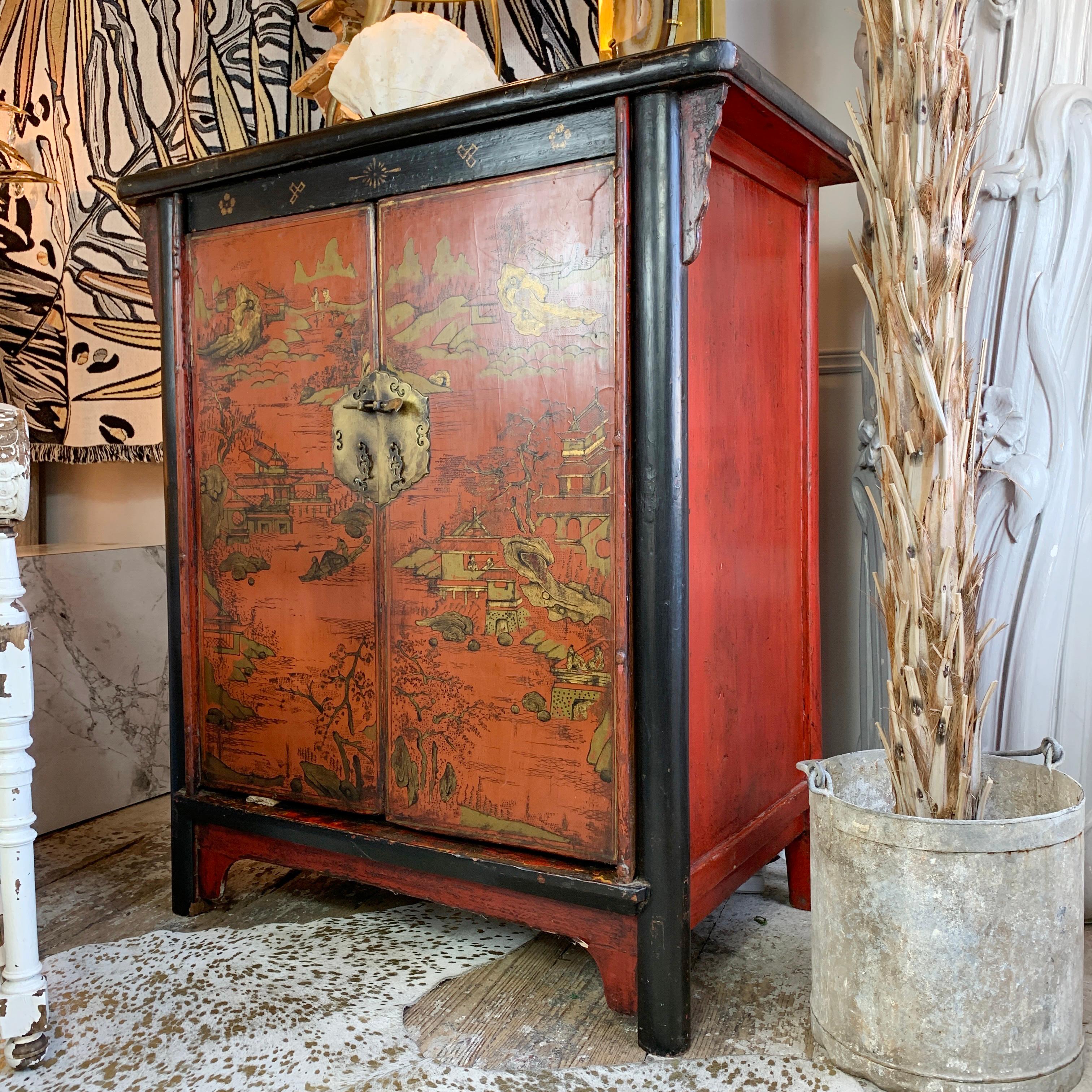 19th Century Crimson Red On Black, Chinoiserie Cabinet For Sale 3