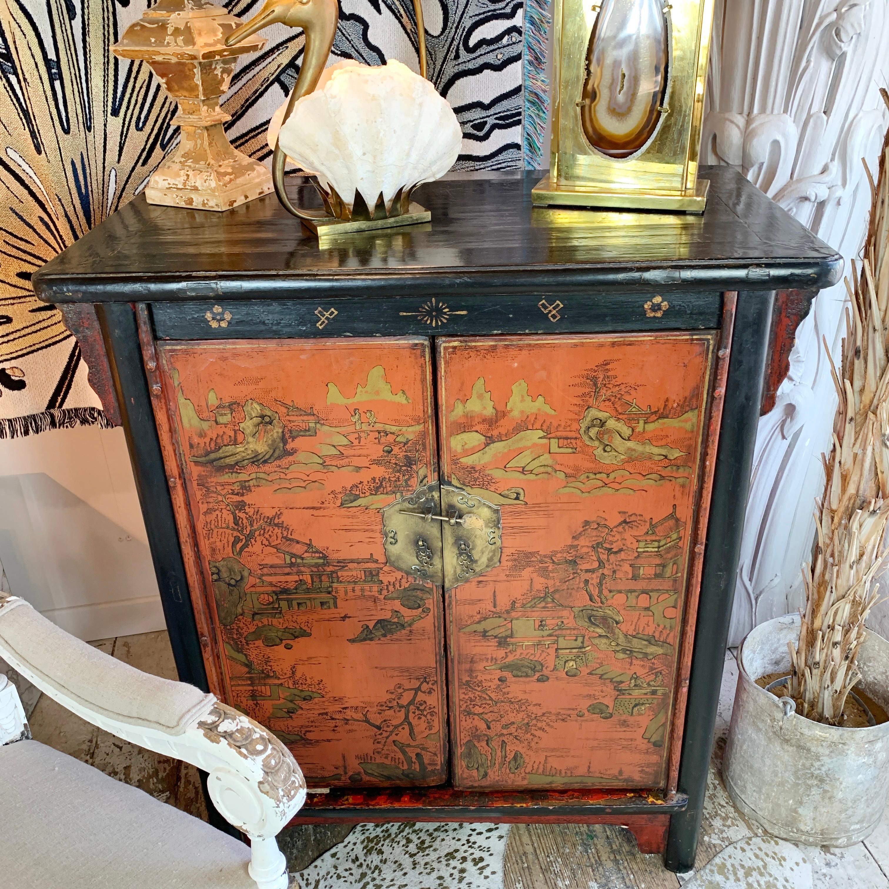 19th Century Crimson Red On Black, Chinoiserie Cabinet For Sale 5