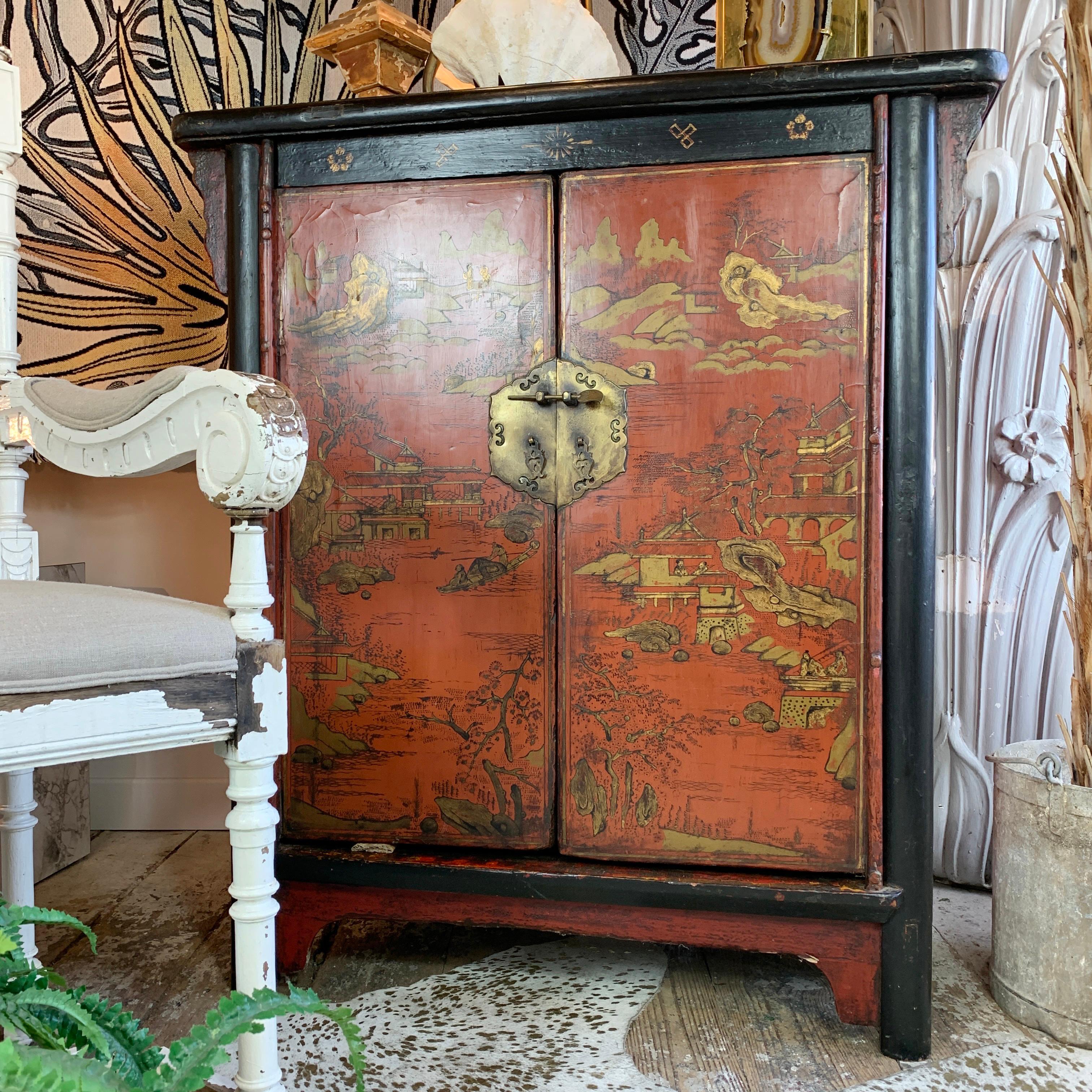 19th Century Crimson Red On Black, Chinoiserie Cabinet For Sale 6