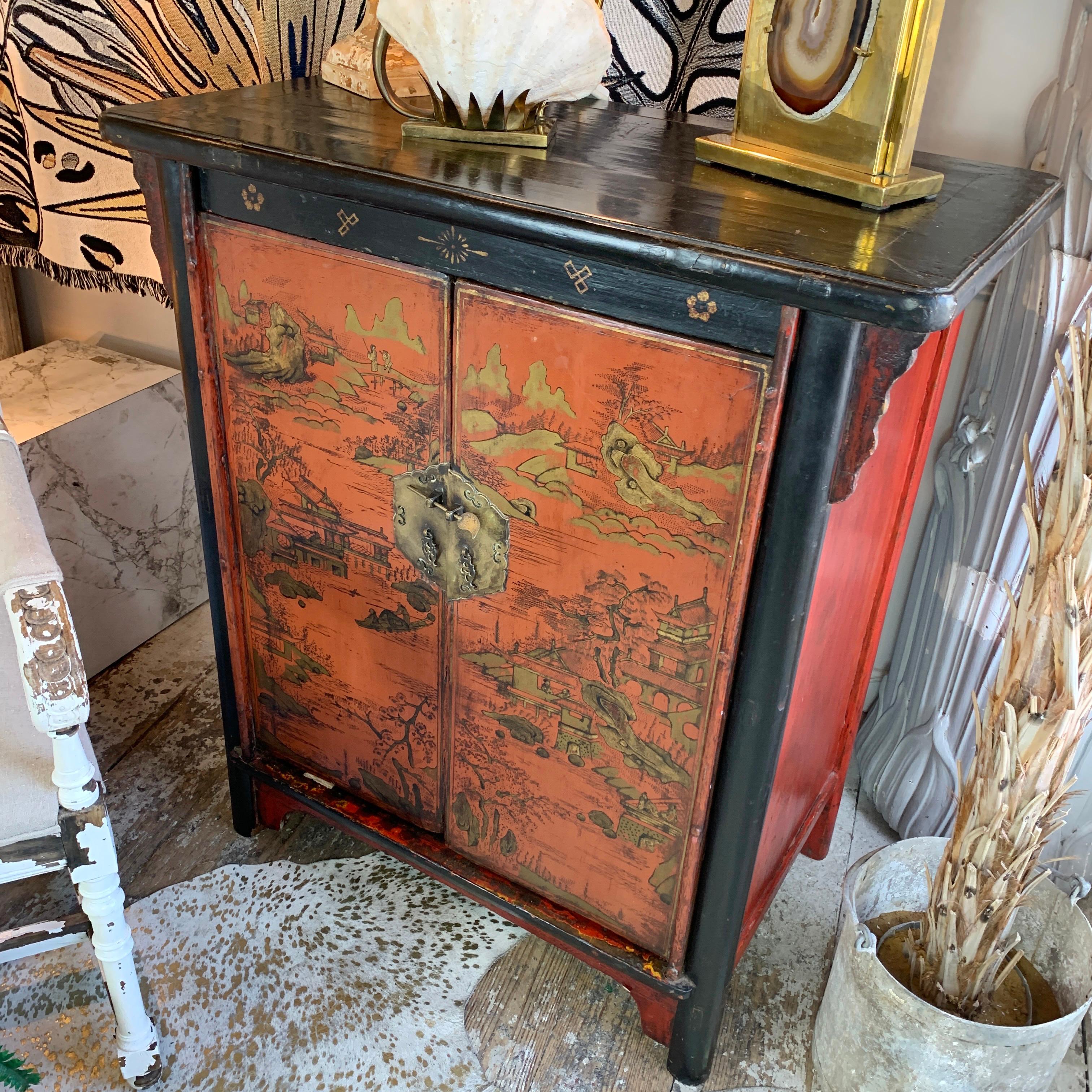 19th Century Crimson Red On Black, Chinoiserie Cabinet For Sale 8