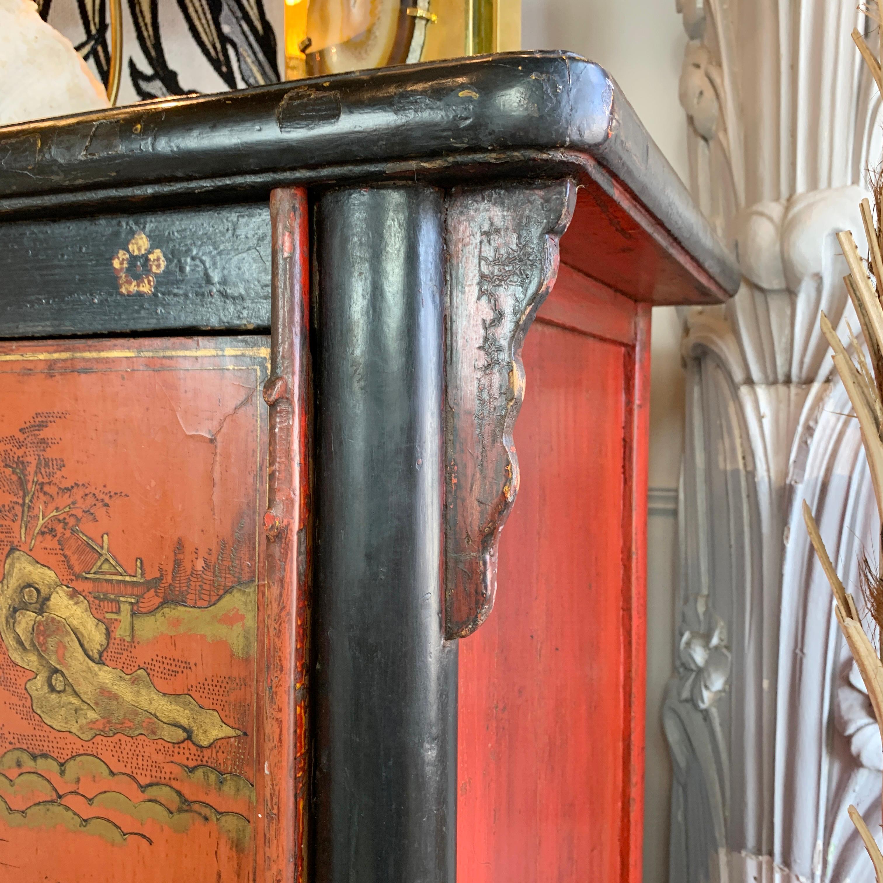 19th Century Crimson Red On Black, Chinoiserie Cabinet In Good Condition For Sale In Hastings, GB