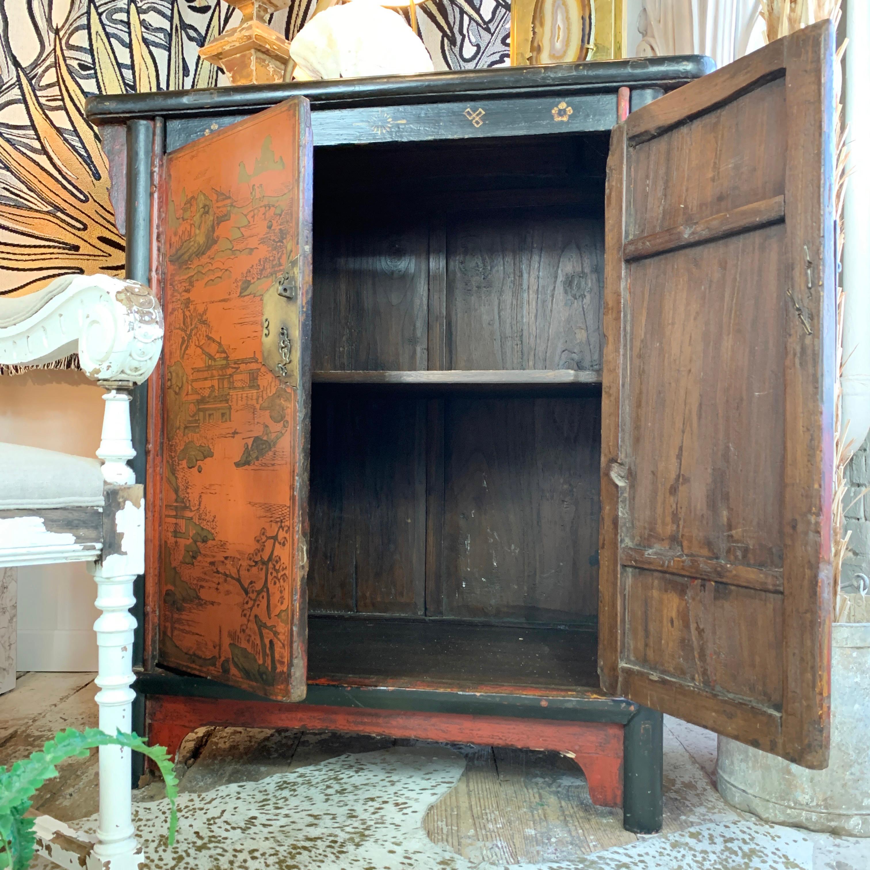 19th Century Crimson Red On Black, Chinoiserie Cabinet For Sale 11