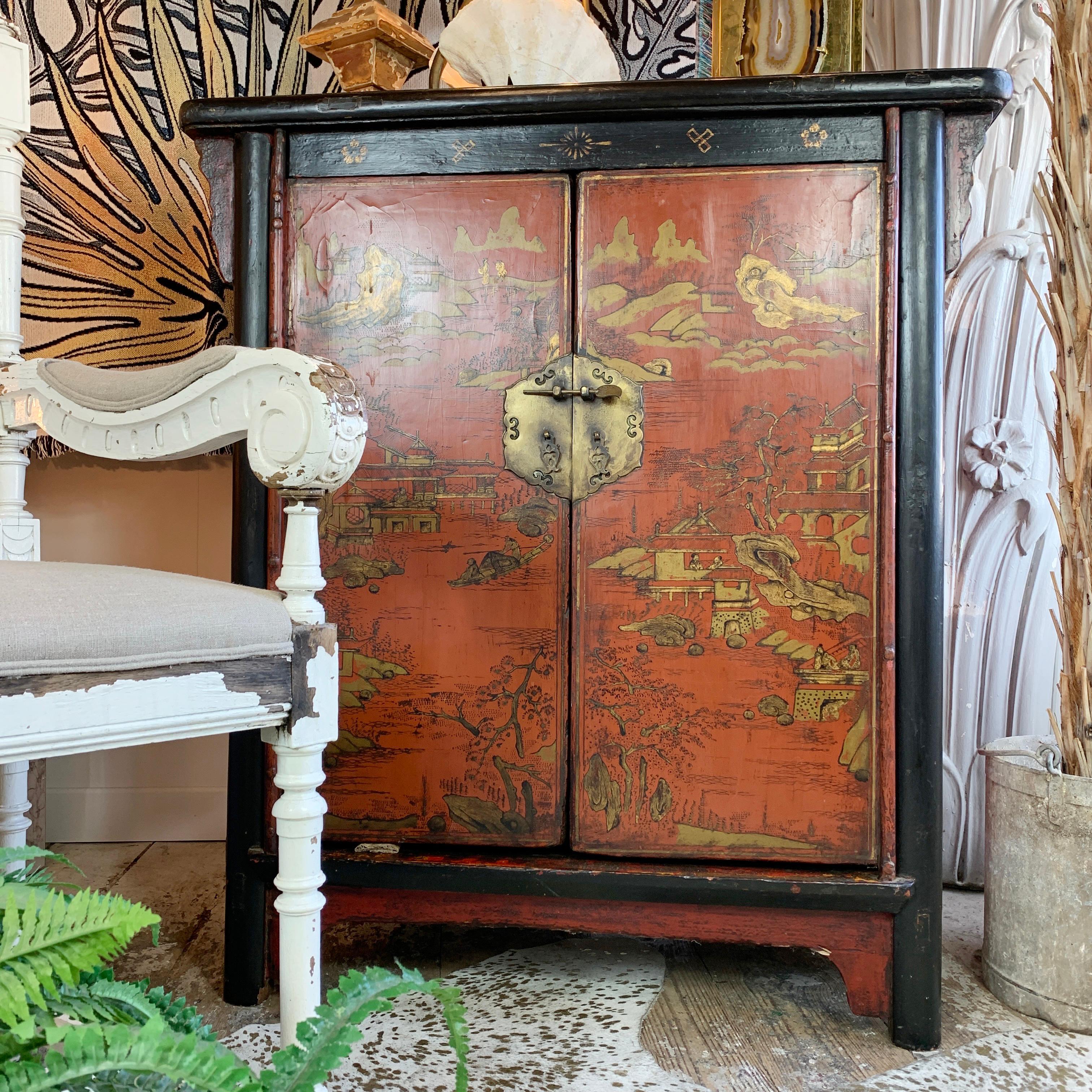 English 19th Century Crimson Red On Black, Chinoiserie Cabinet For Sale