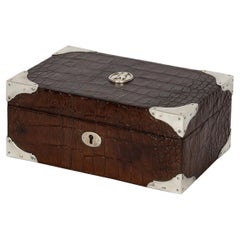 Antique 19th Century Crocodile Leather & Solid Silver Cigar Humidor, London, c.1884