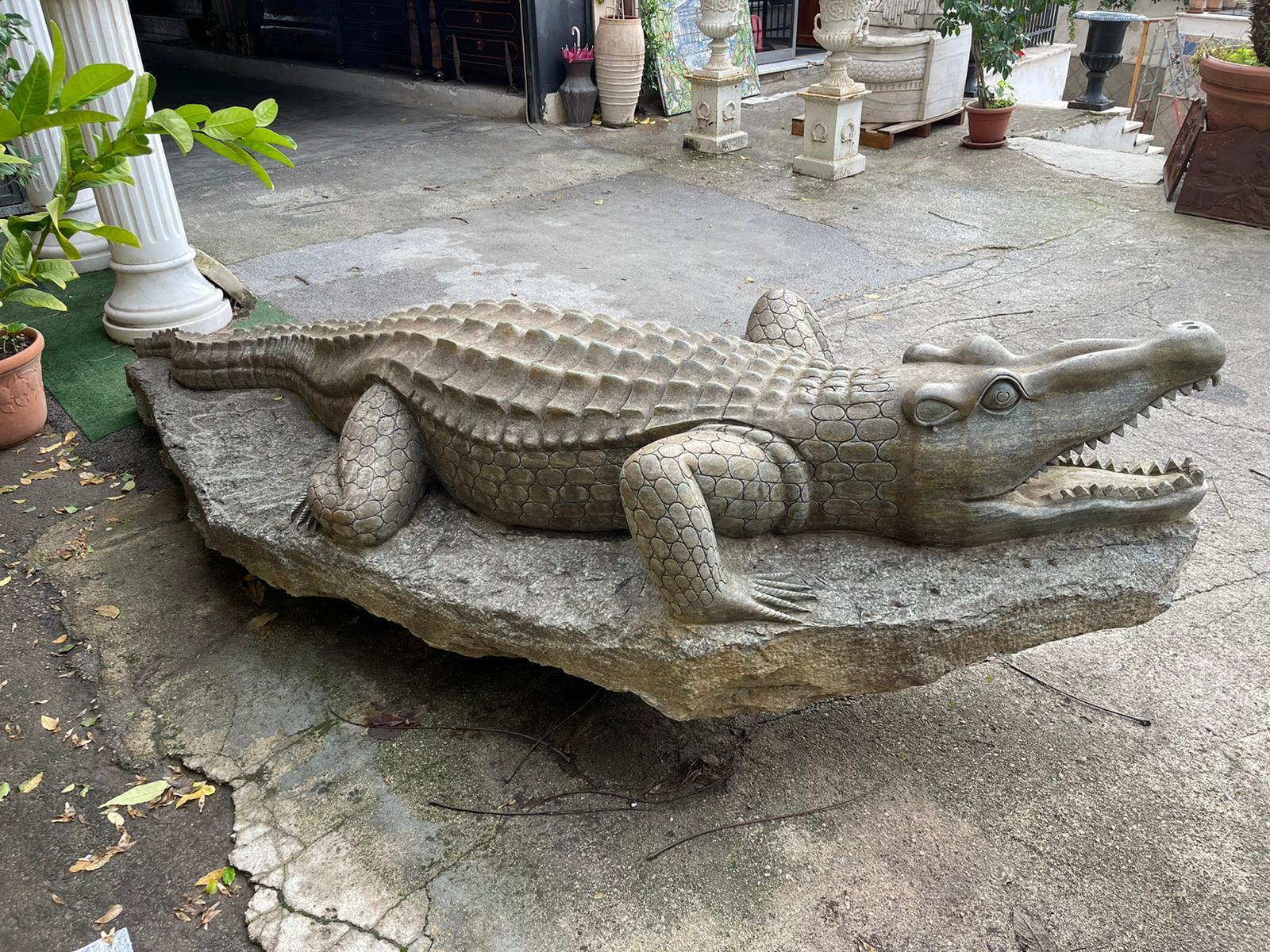 Large sculpture made of green marble, depicting a crocodile.

It was located in a villa in Tuscany, Italy, it is presented without defects except for the signs of the time.

The sculpture, finely sculpted by hand, down to the smallest detail, is