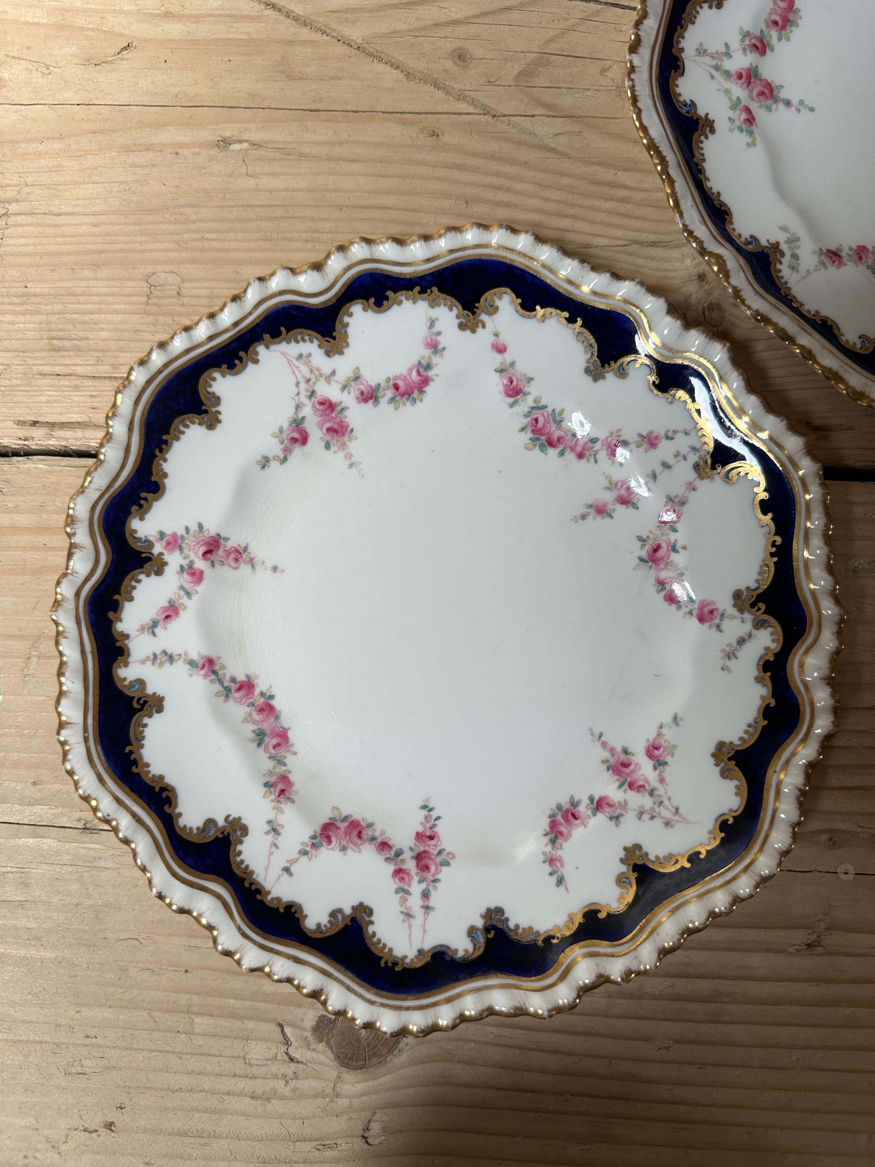 19th Century, Crown Staffordshire, Rose Garland, Gilded & Blue Border Plates For Sale 4