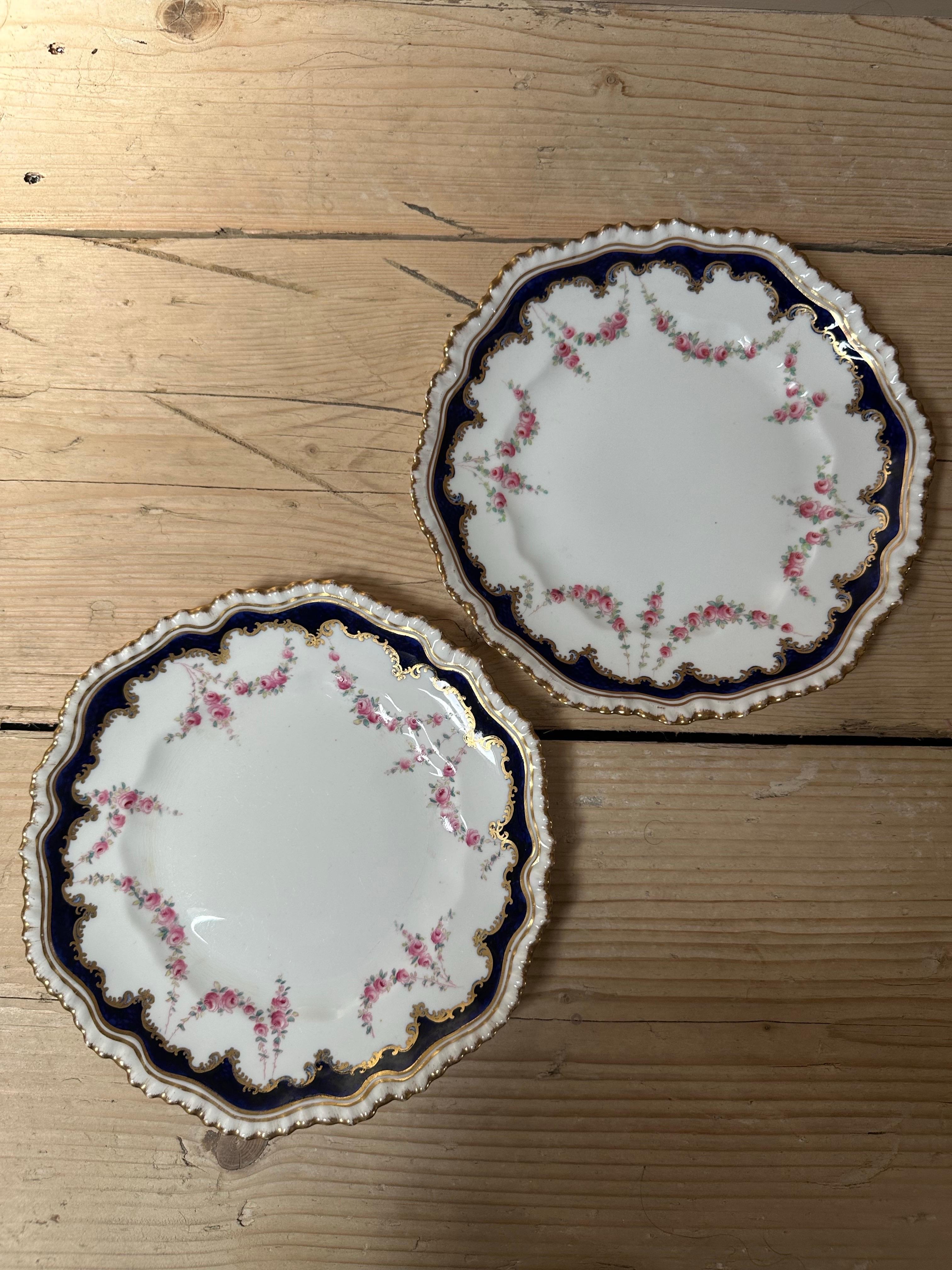 19th Century, Crown Staffordshire, Rose Garland, Gilded & Blue Border Plates For Sale 5