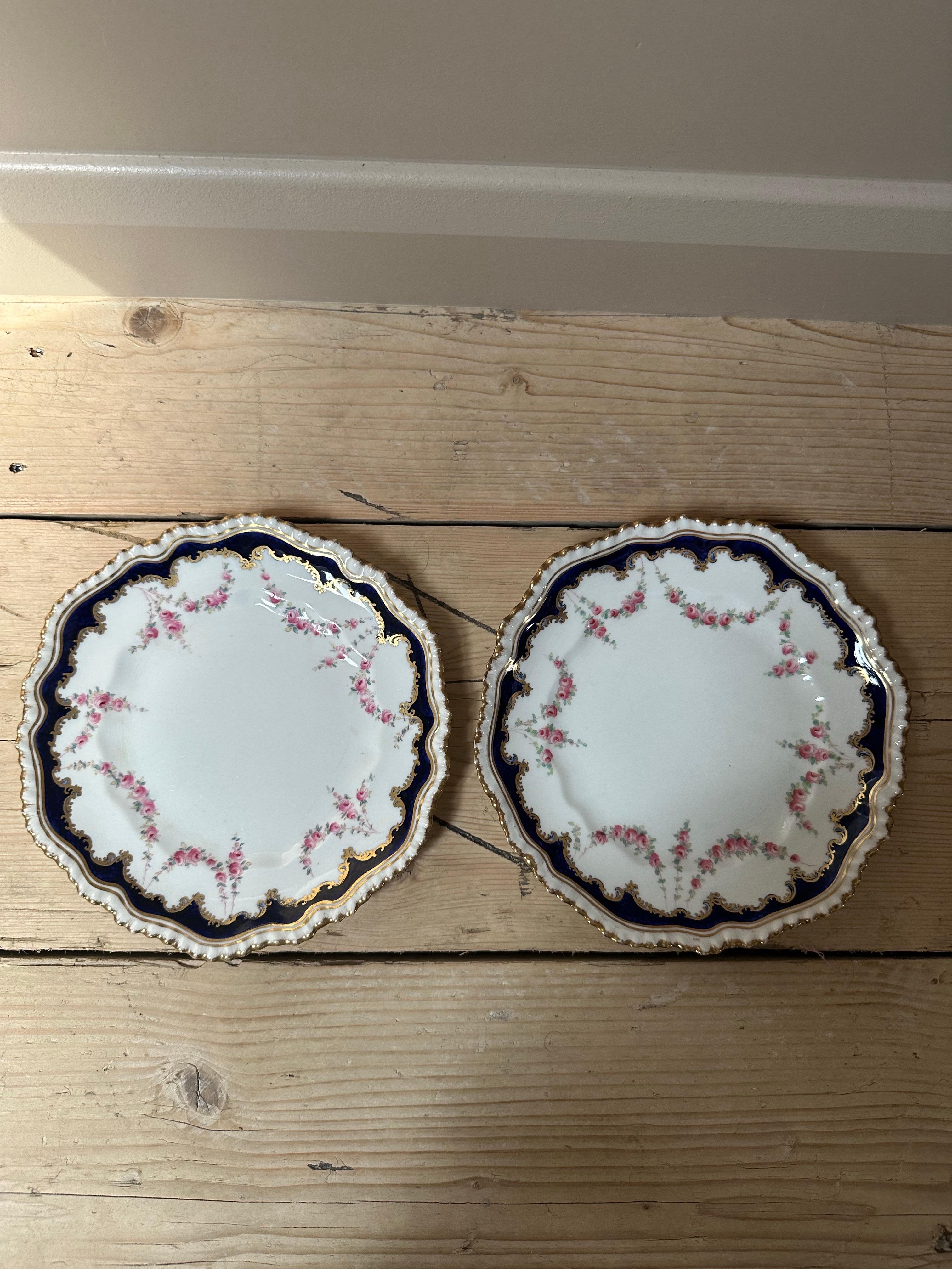 19th Century, Crown Staffordshire, Rose Garland, Gilded & Blue Border Plates For Sale 8