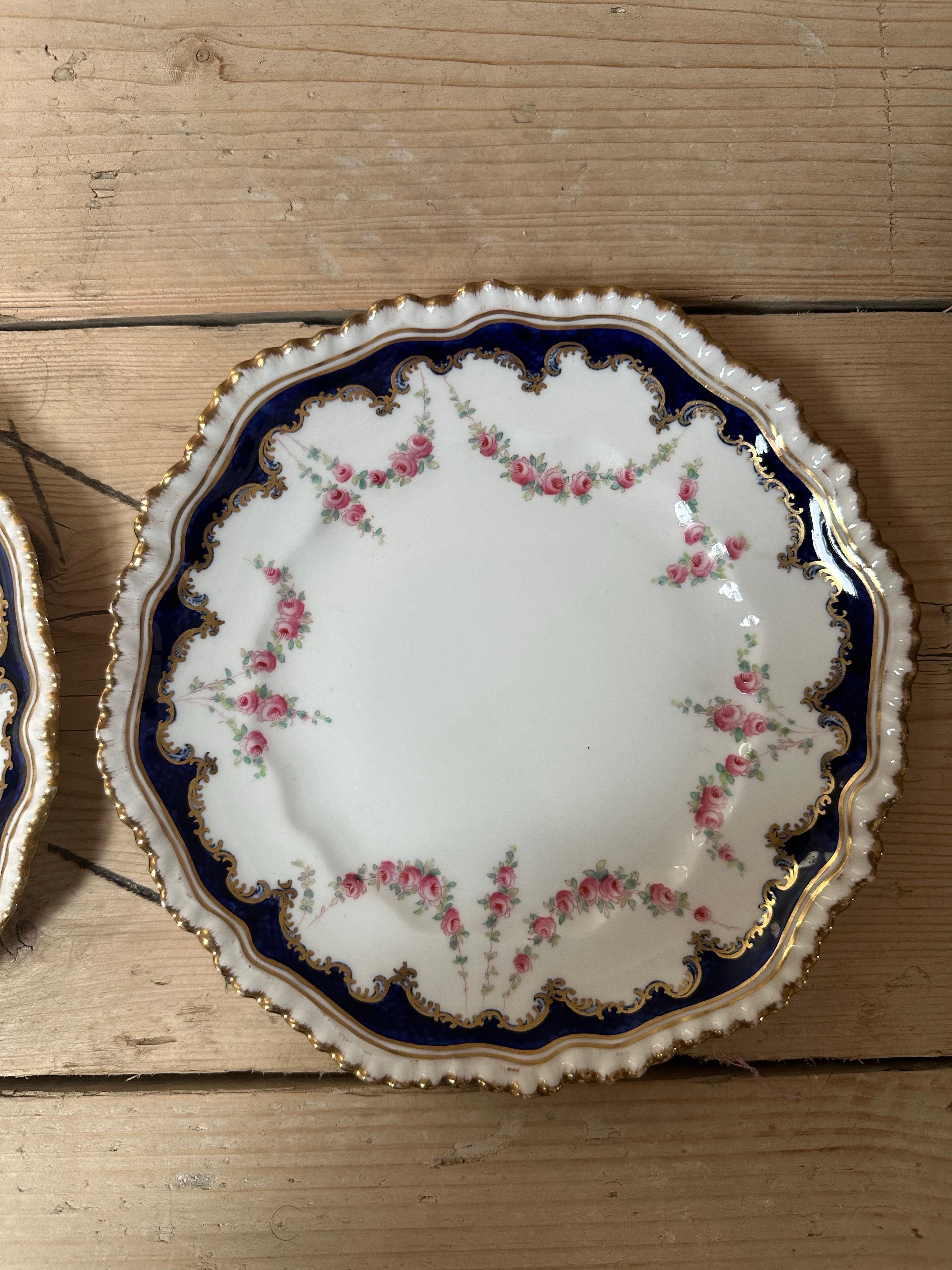 19th Century, Crown Staffordshire, Rose Garland, Gilded & Blue Border Plates For Sale 11
