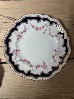 19th Century, Crown Staffordshire, Rose Garland, Gilded & Blue Border Plates