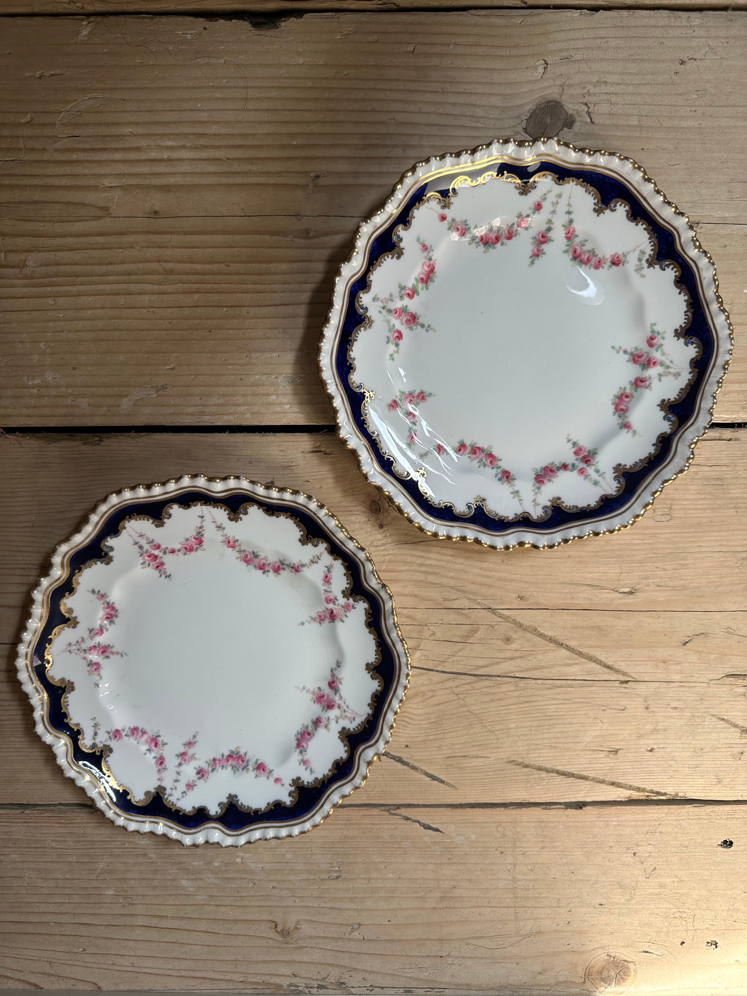 Victorian 19th Century, Crown Staffordshire, Rose Garland, Gilded & Blue Border Plates For Sale