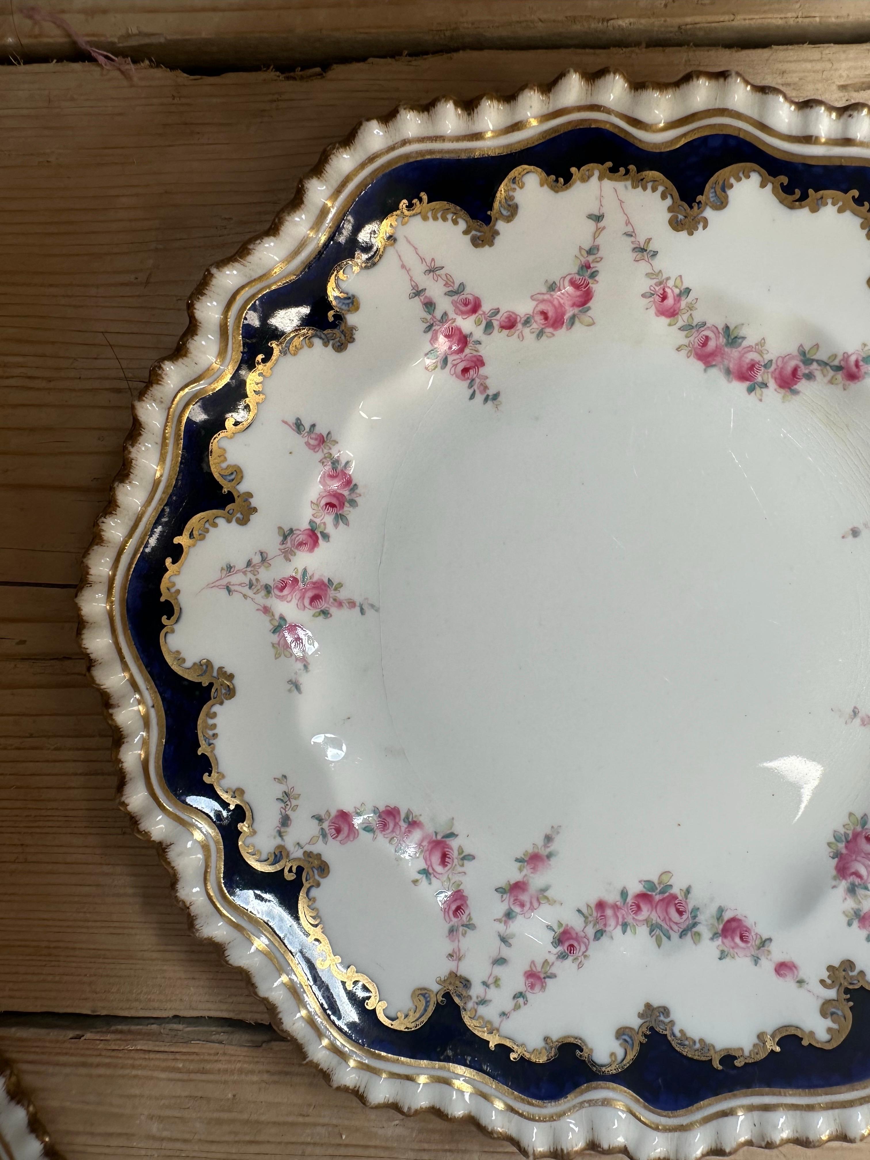 English 19th Century, Crown Staffordshire, Rose Garland, Gilded & Blue Border Plates For Sale