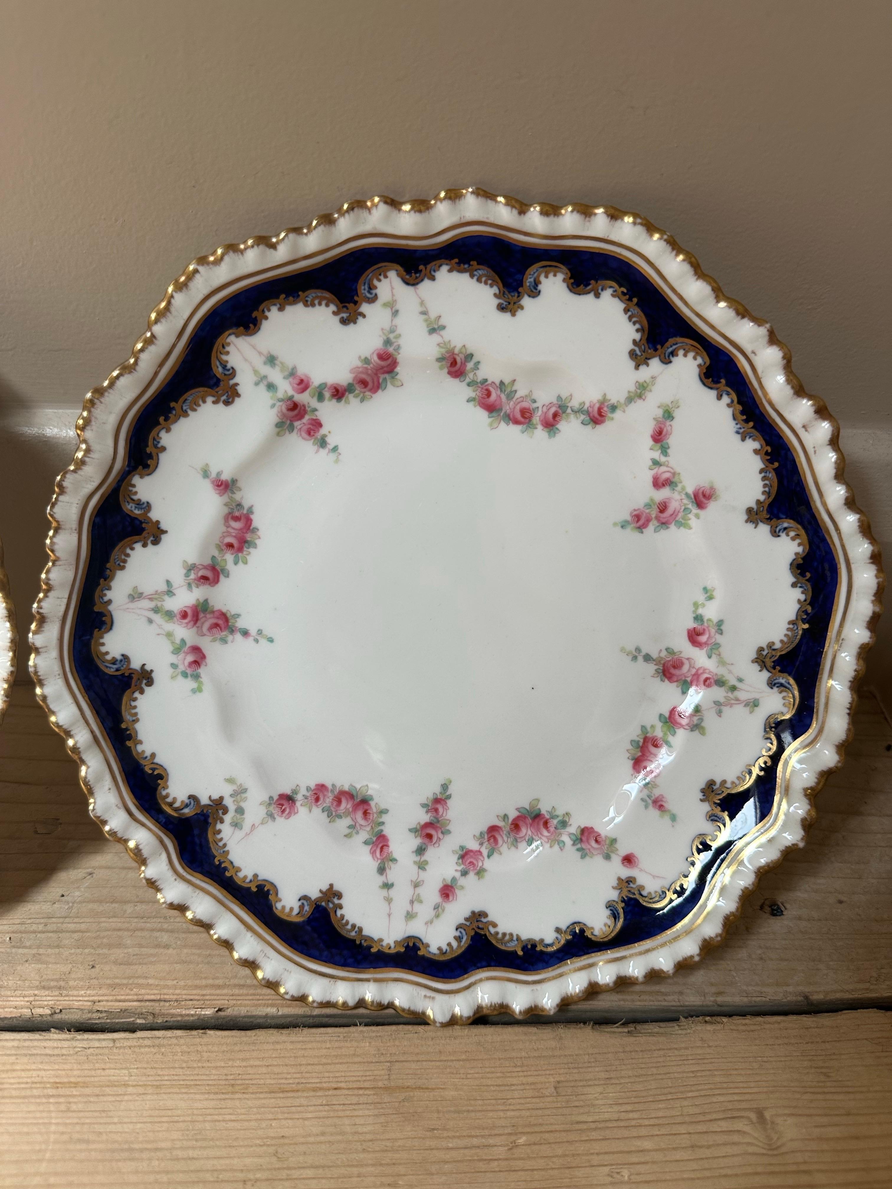 Gilt 19th Century, Crown Staffordshire, Rose Garland, Gilded & Blue Border Plates For Sale
