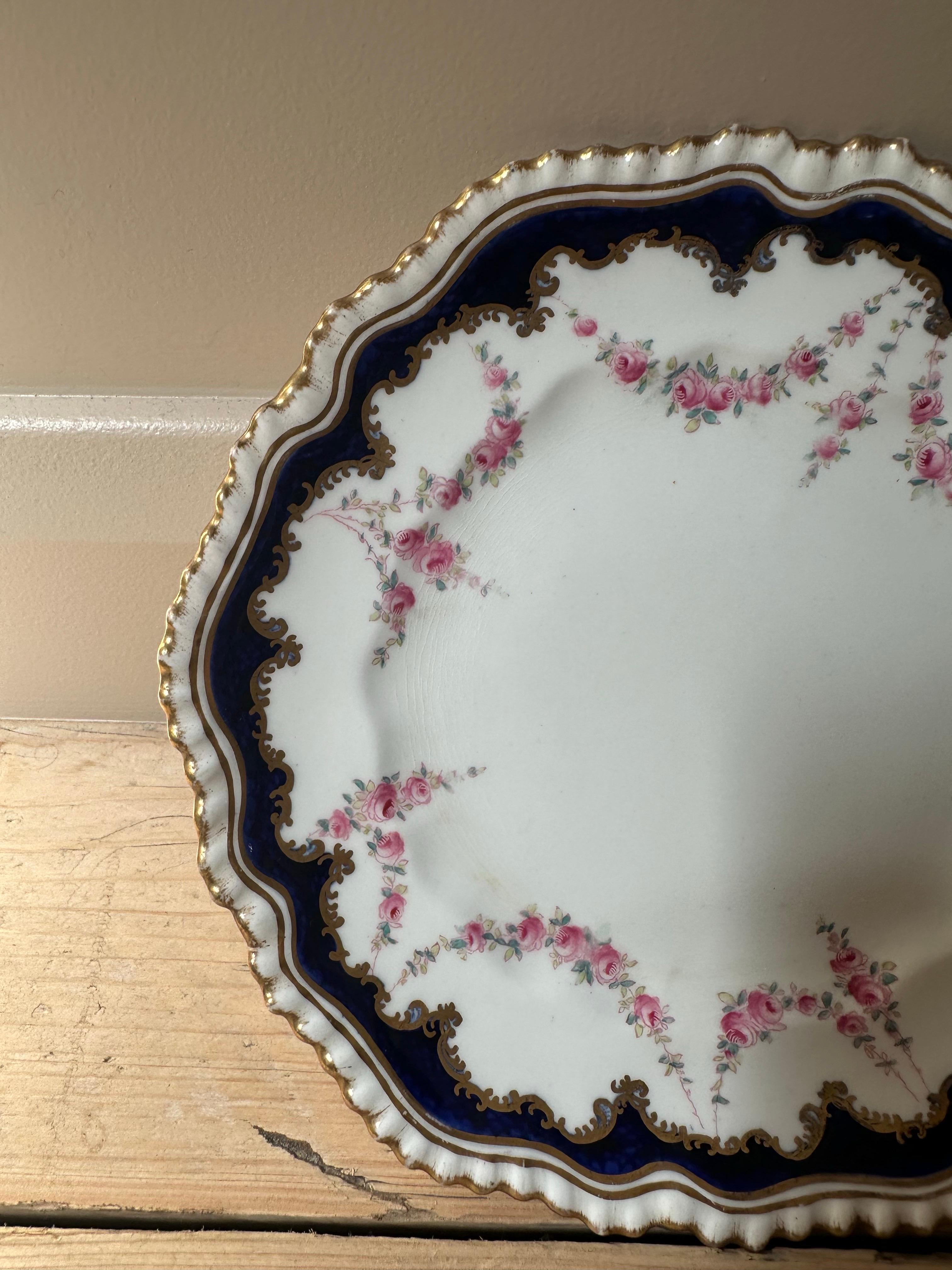 Porcelain 19th Century, Crown Staffordshire, Rose Garland, Gilded & Blue Border Plates For Sale