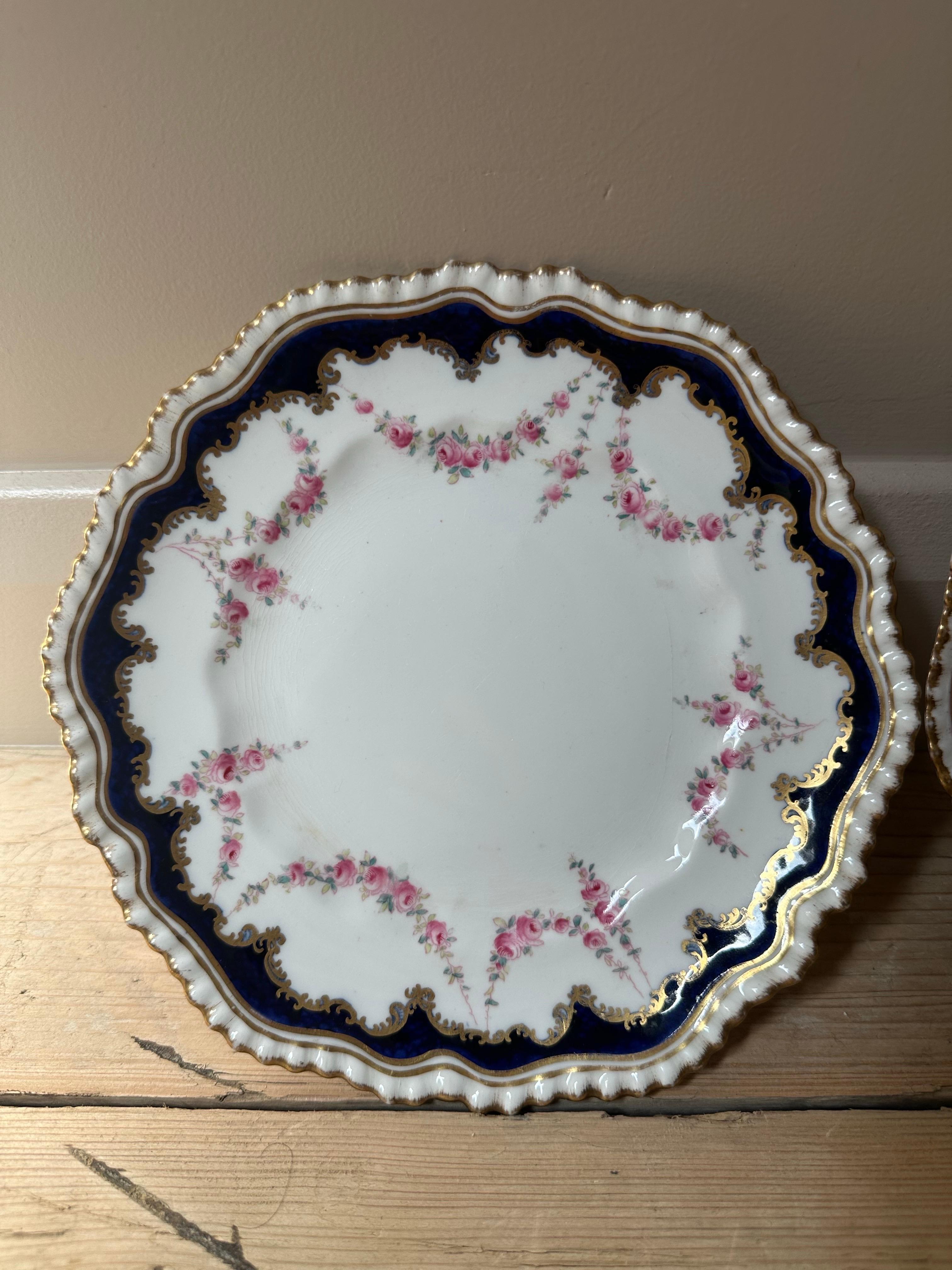 19th Century, Crown Staffordshire, Rose Garland, Gilded & Blue Border Plates For Sale 1