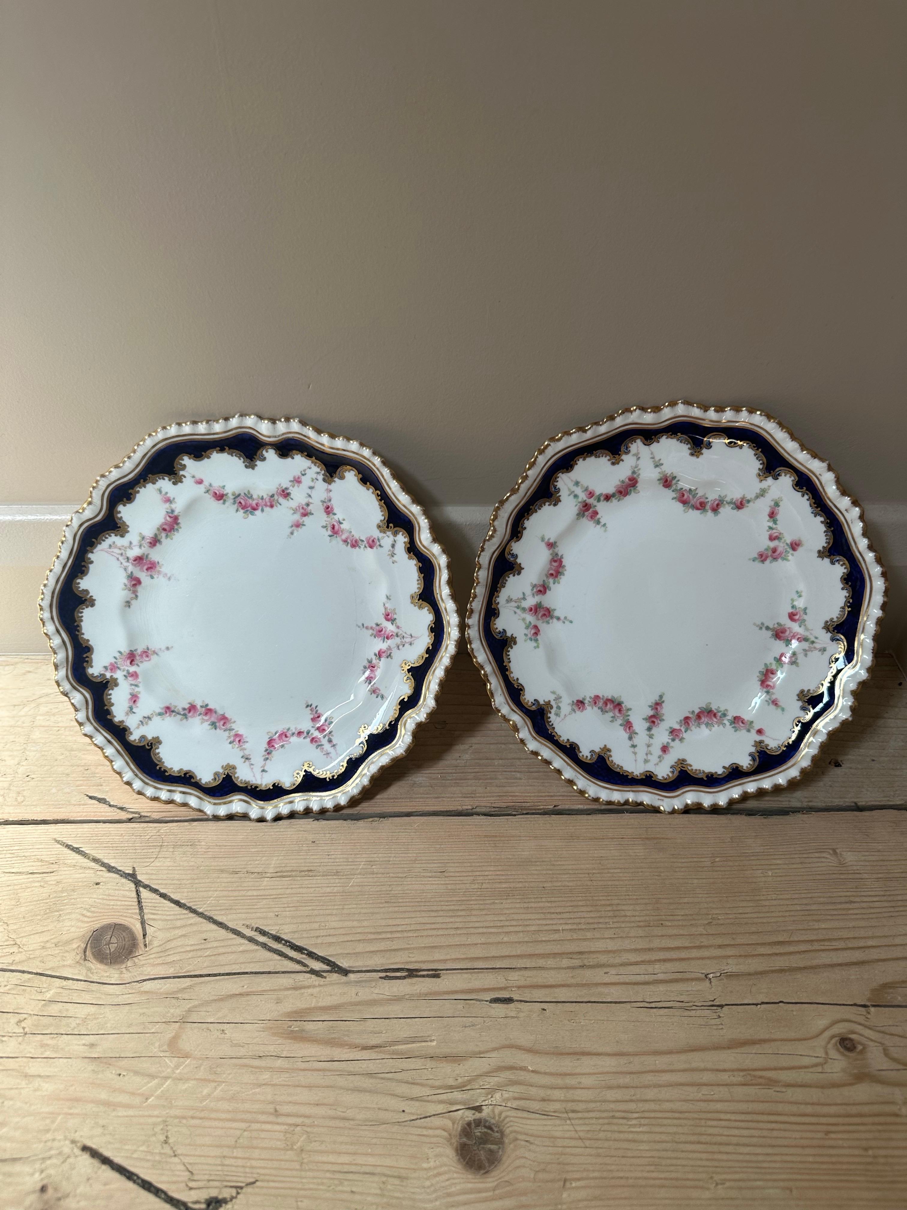 19th Century, Crown Staffordshire, Rose Garland, Gilded & Blue Border Plates For Sale 2