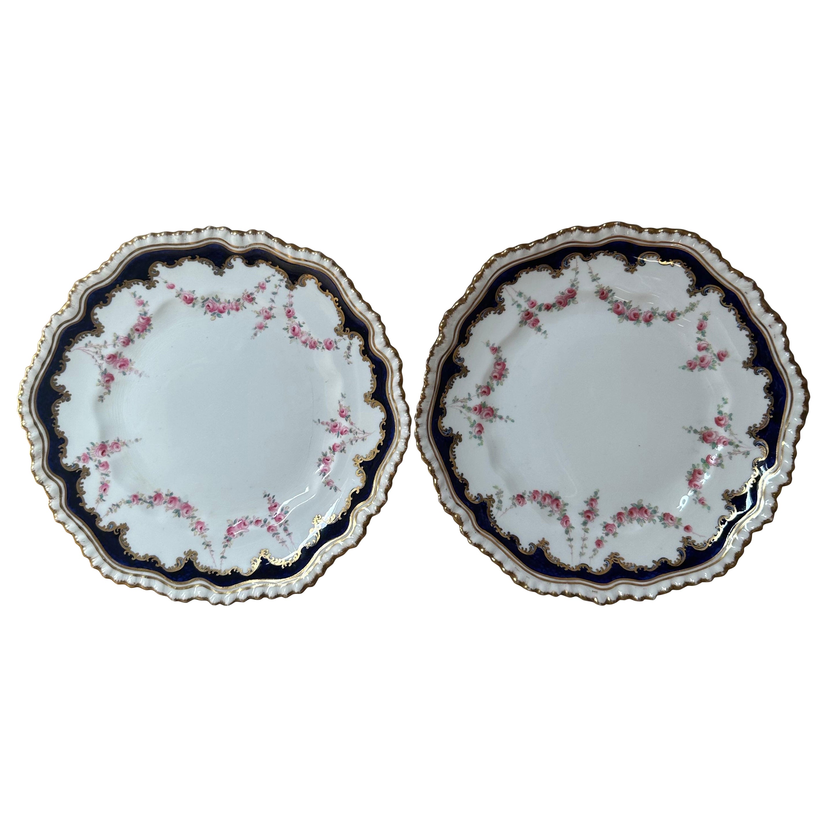 19th Century, Crown Staffordshire, Rose Garland, Gilded & Blue Border Plates For Sale