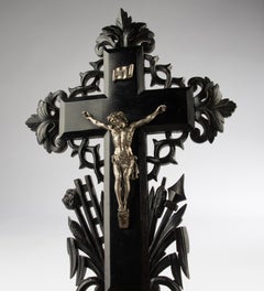 19th Century Crucifix - Carved Wood - Silvered Christ Figure - Holy Water Font