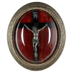 19th Century Crucifix in Oval Giltwood Frame with Glass