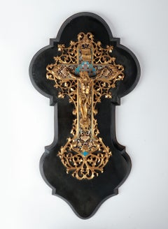 19th Century Crucifix Jesus Christ Gilt Bronze Cloisonné