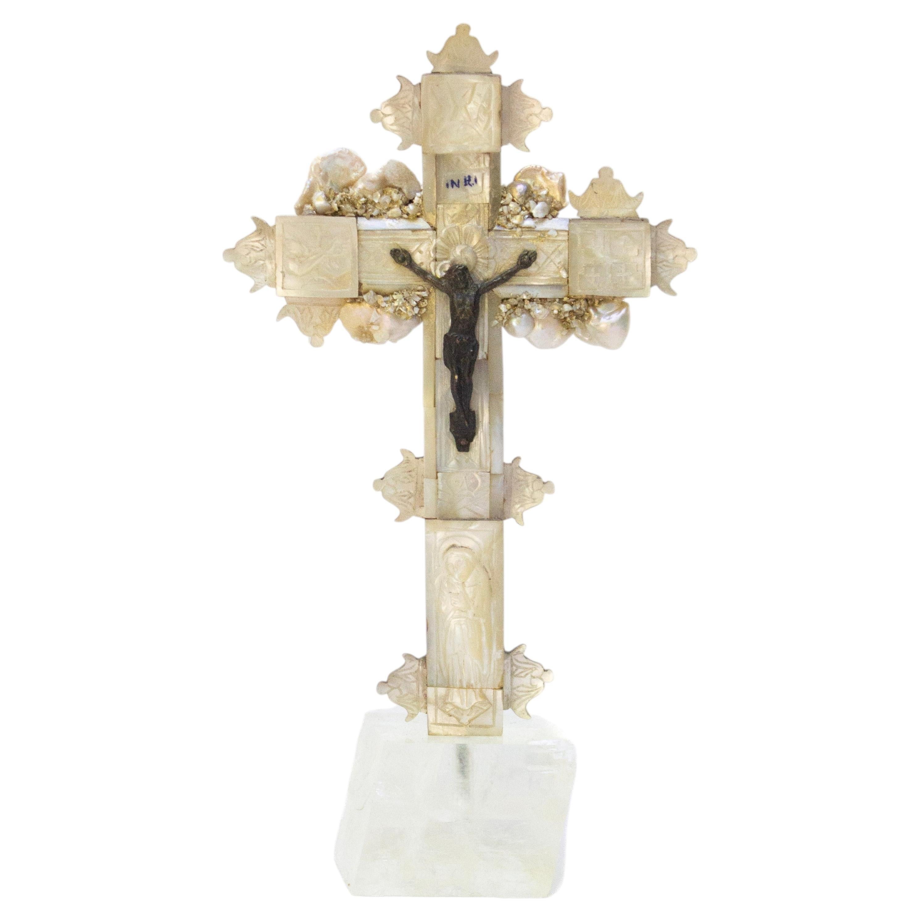 19th Century Crucifix with Baroque Pearls and Mounted on Optical Calcite For Sale