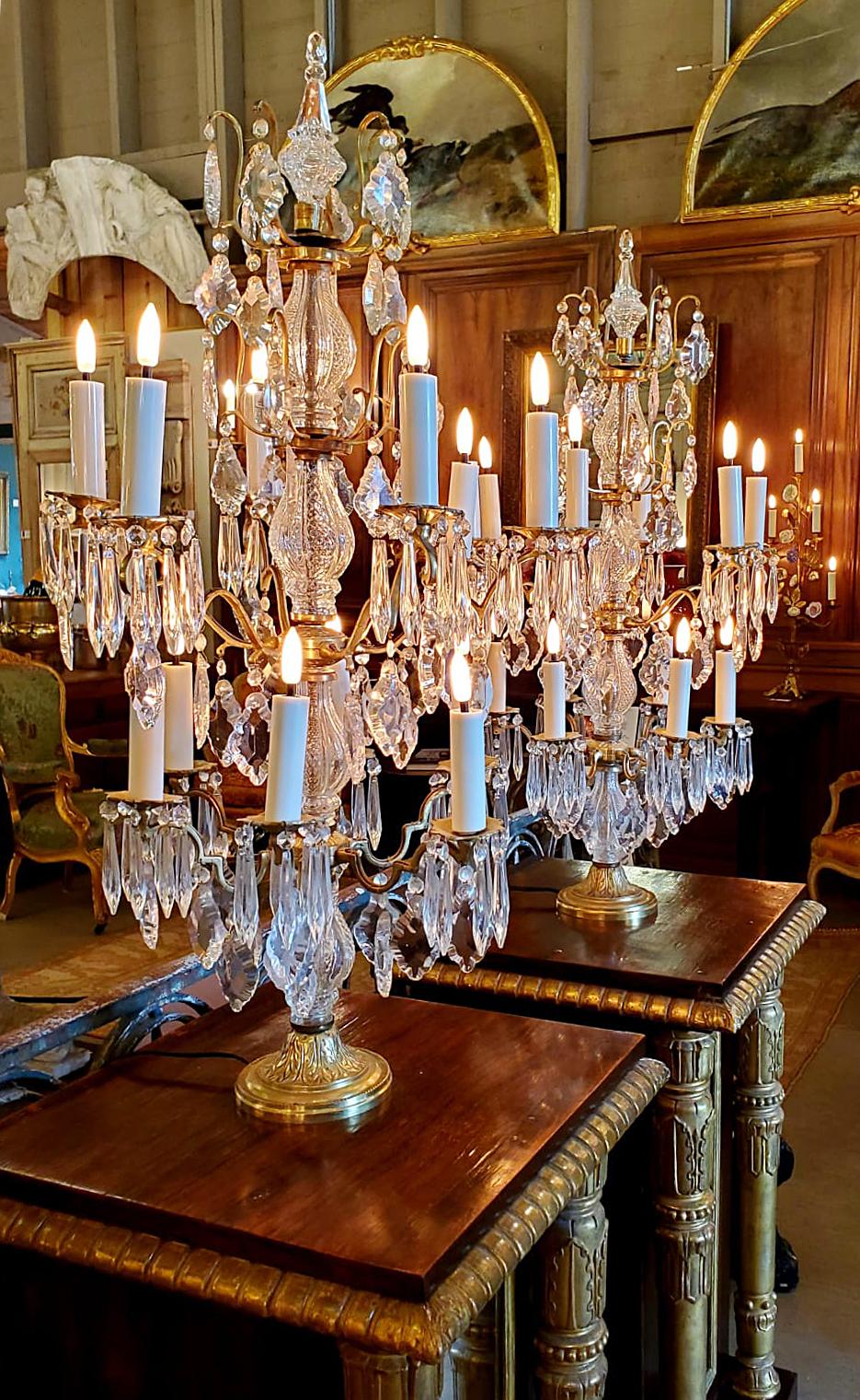 These crystal chandelier-style table lamps each stand 36