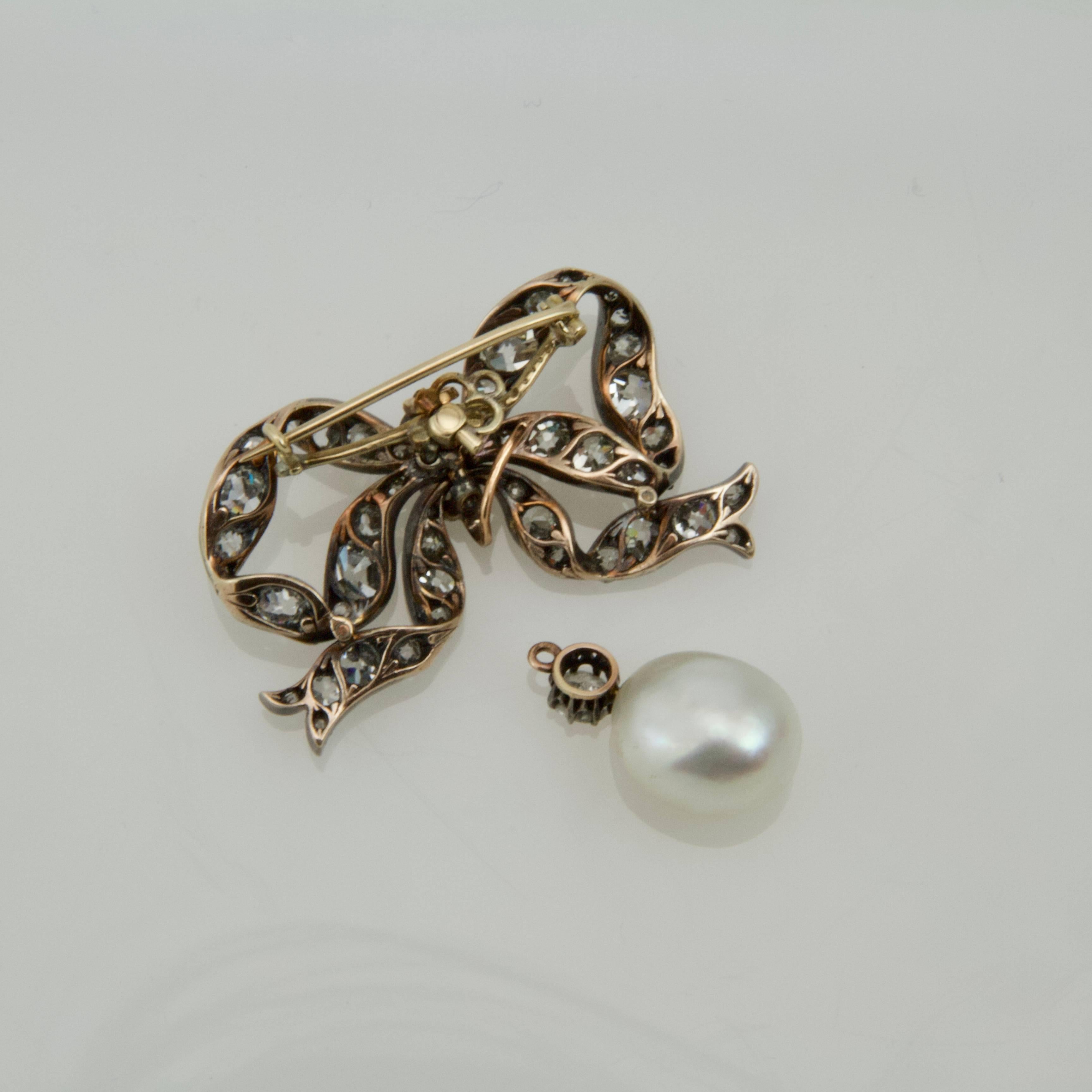 Classical Roman 19th Century Cultured Pearl and Diamond Bow Brooch For Sale