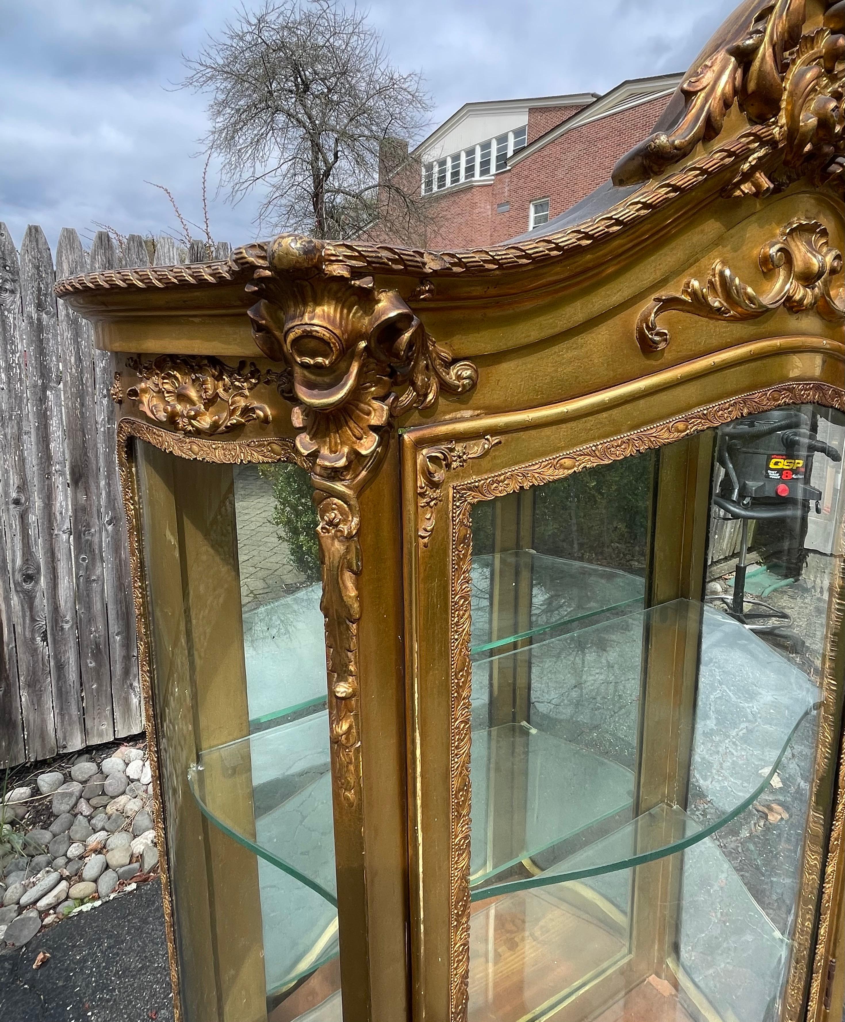 19th Century Curved Glass Ornate Gold Vitrine, France In Fair Condition For Sale In Bedford Hills, NY