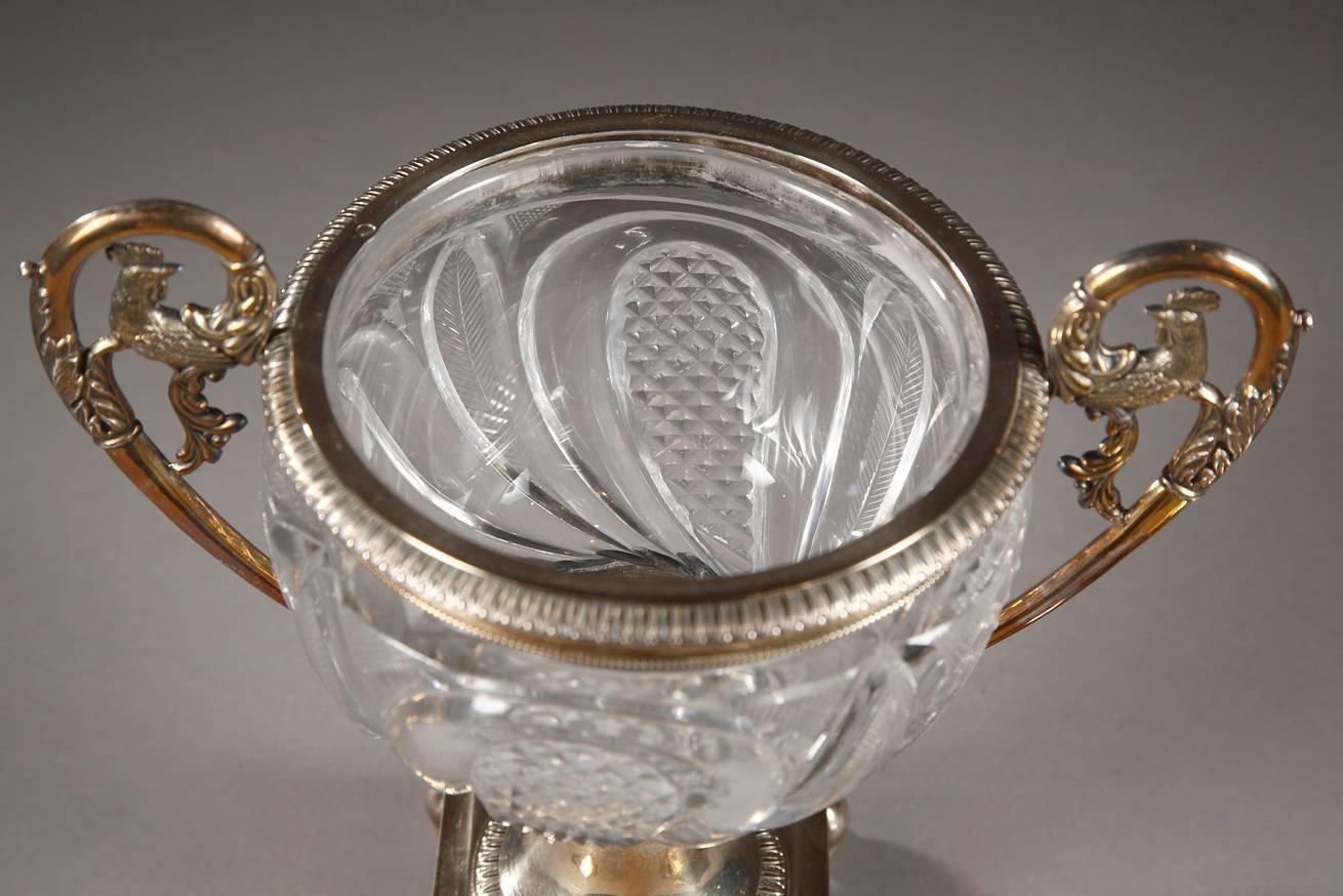 Restauration 19th Century Cut Crystal and Silver Candy Dish, Signed Dupré For Sale