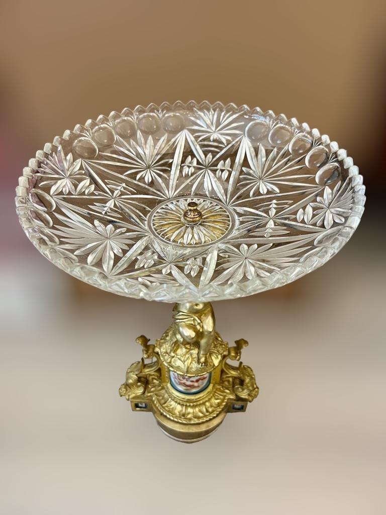 19th Century Cut Crystal Bowl on a Gilt Bronze Pedestal with Putti Motifs For Sale 5