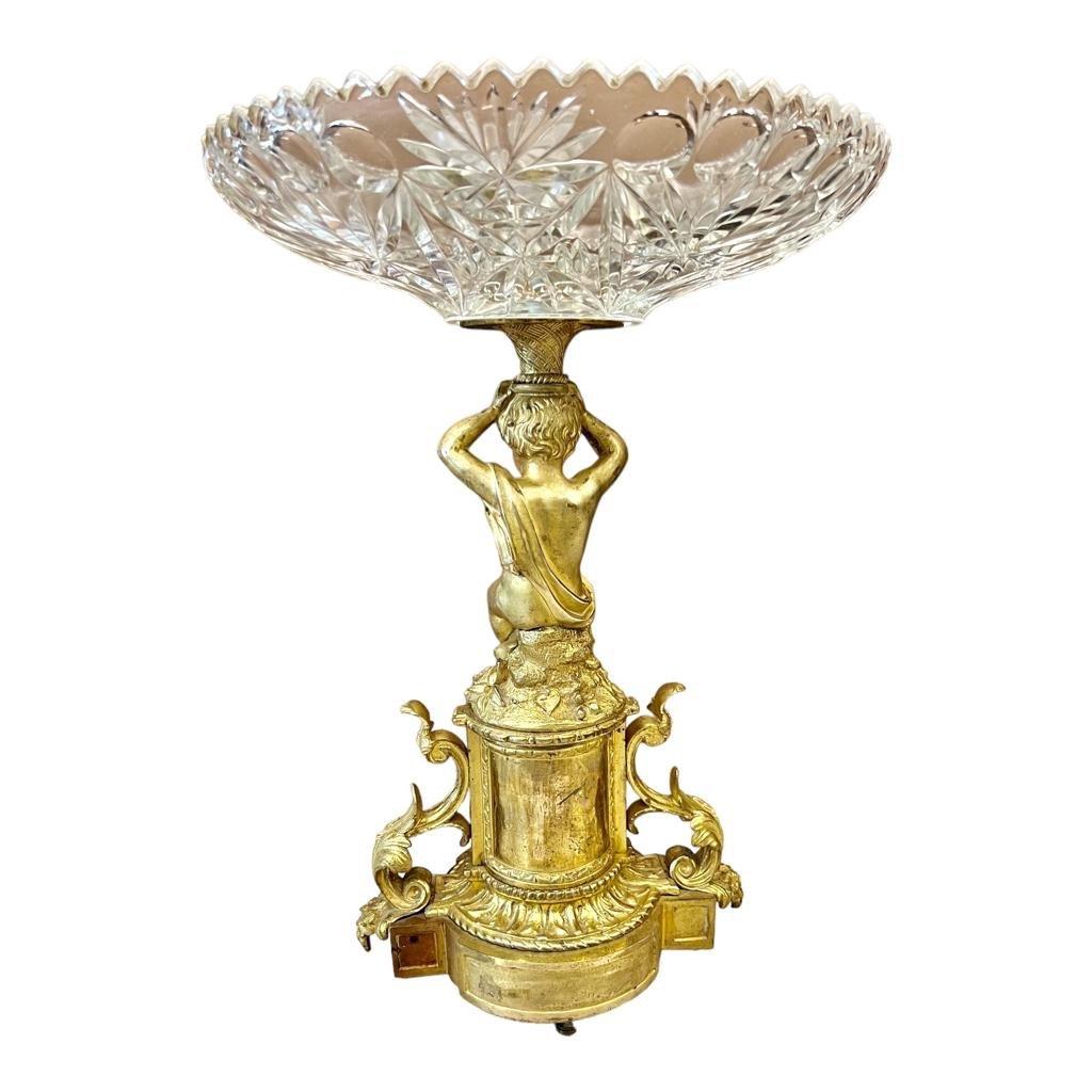 19th Century Cut Crystal Bowl on a Gilt Bronze Pedestal with Putti Motifs For Sale 1