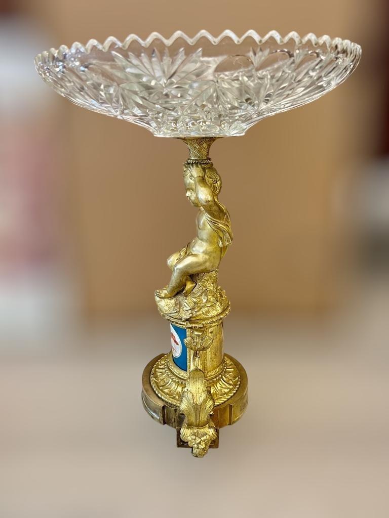 19th Century Cut Crystal Bowl on a Gilt Bronze Pedestal with Putti Motifs For Sale 2