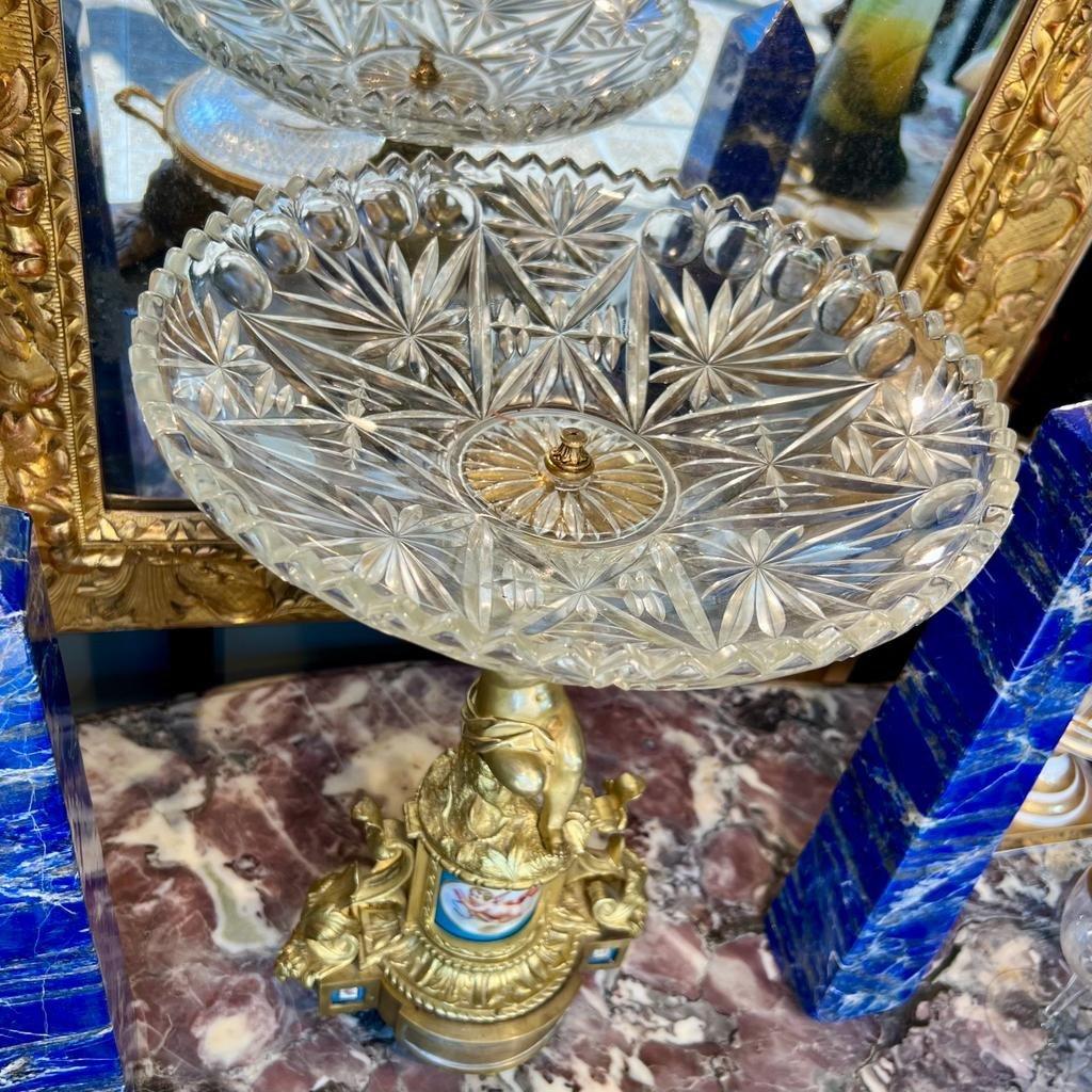 19th Century Cut Crystal Bowl on a Gilt Bronze Pedestal with Putti Motifs For Sale 3