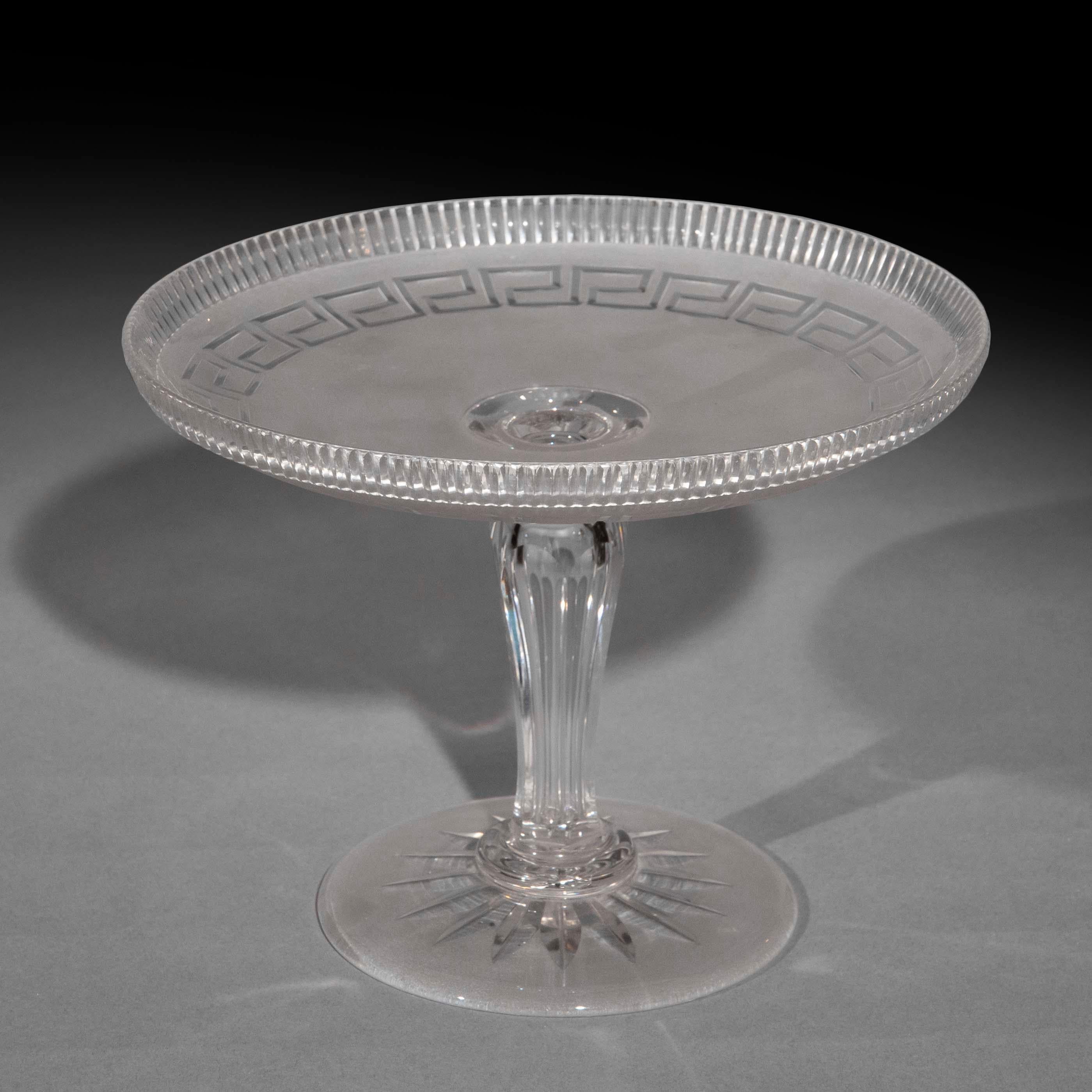 English 19th Century Cut Glass Tazza with Greek Key Decoration For Sale