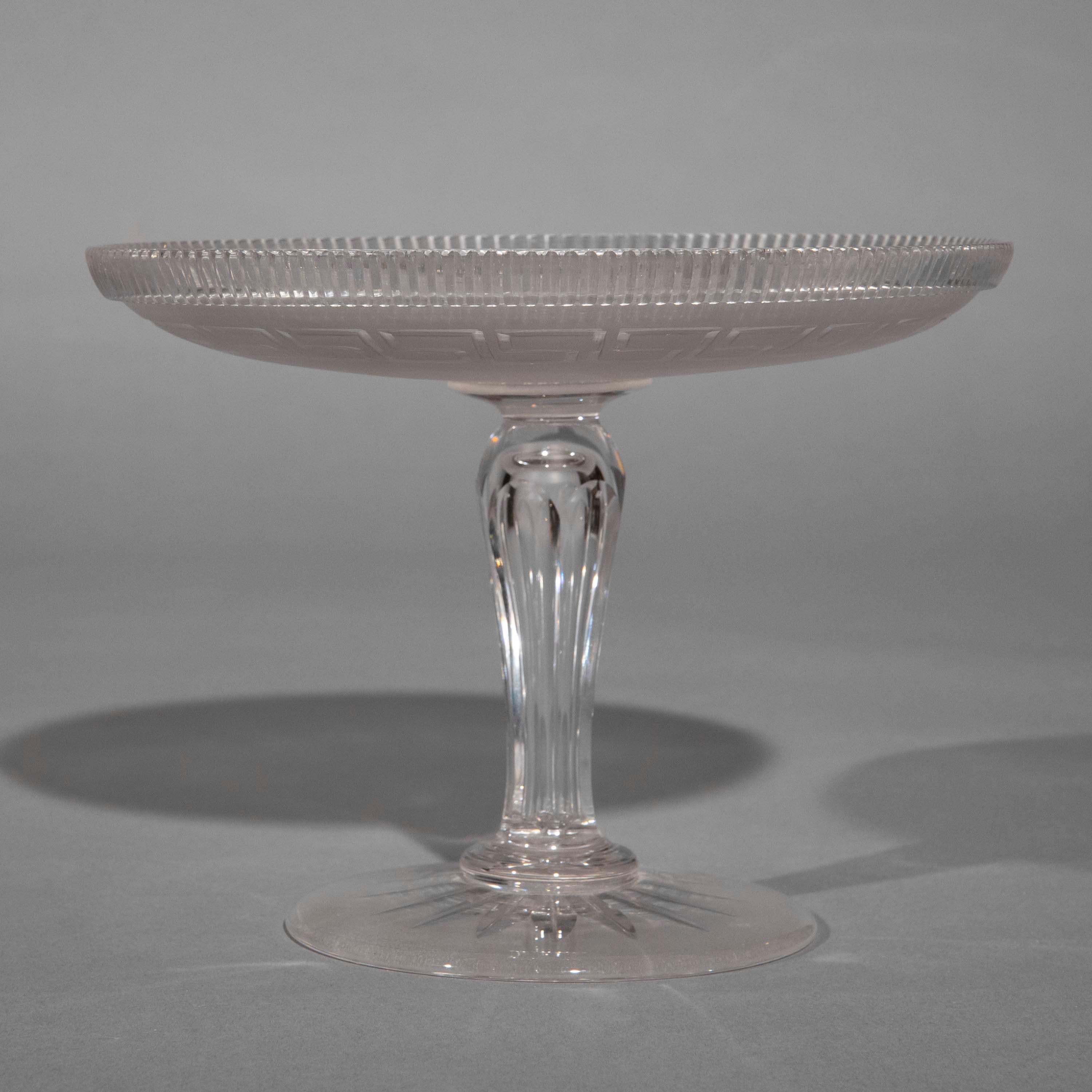 Frosted 19th Century Cut Glass Tazza with Greek Key Decoration For Sale