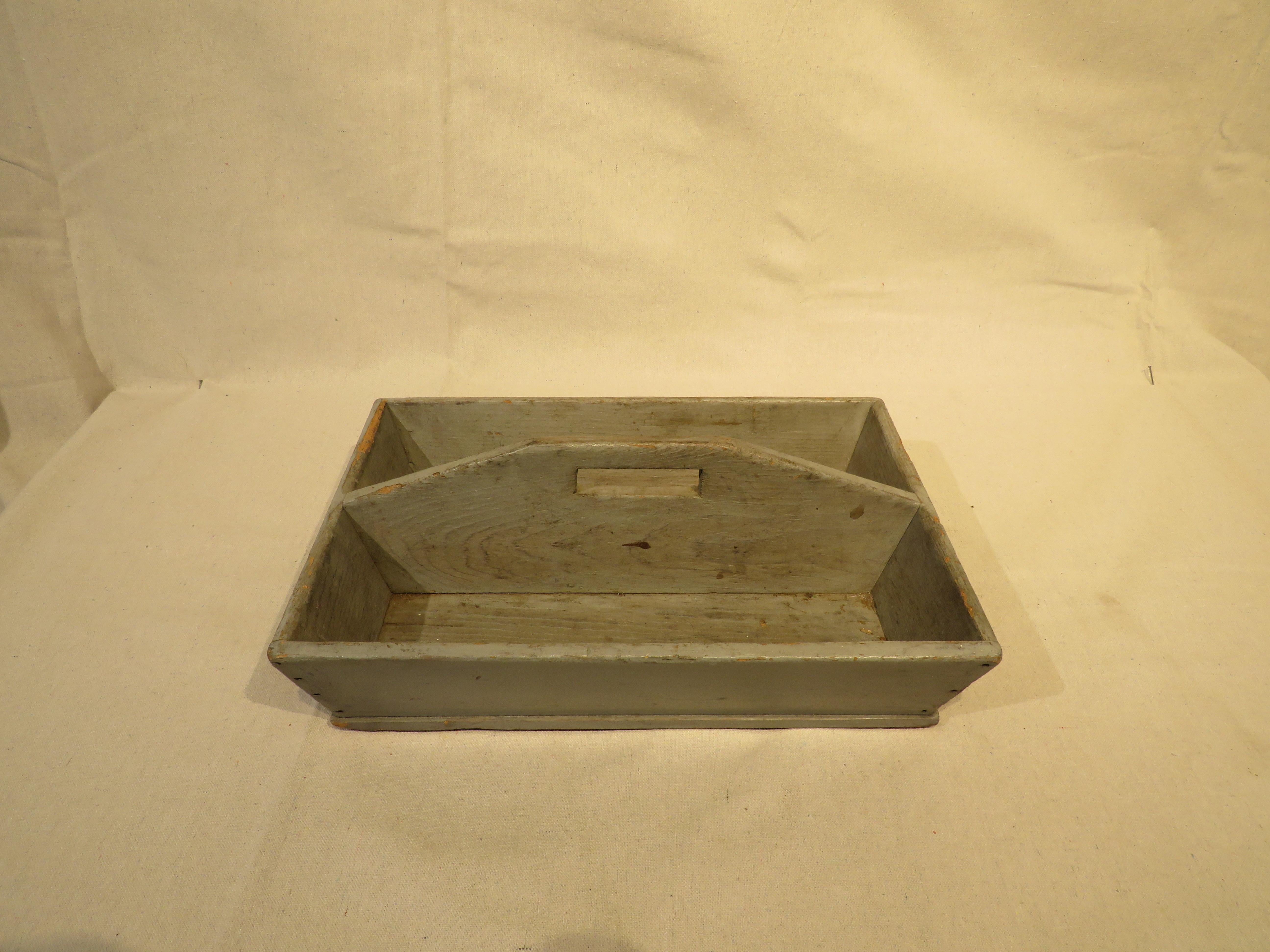Pine 19th Century Cutlery Tray in Old Blue Paint For Sale