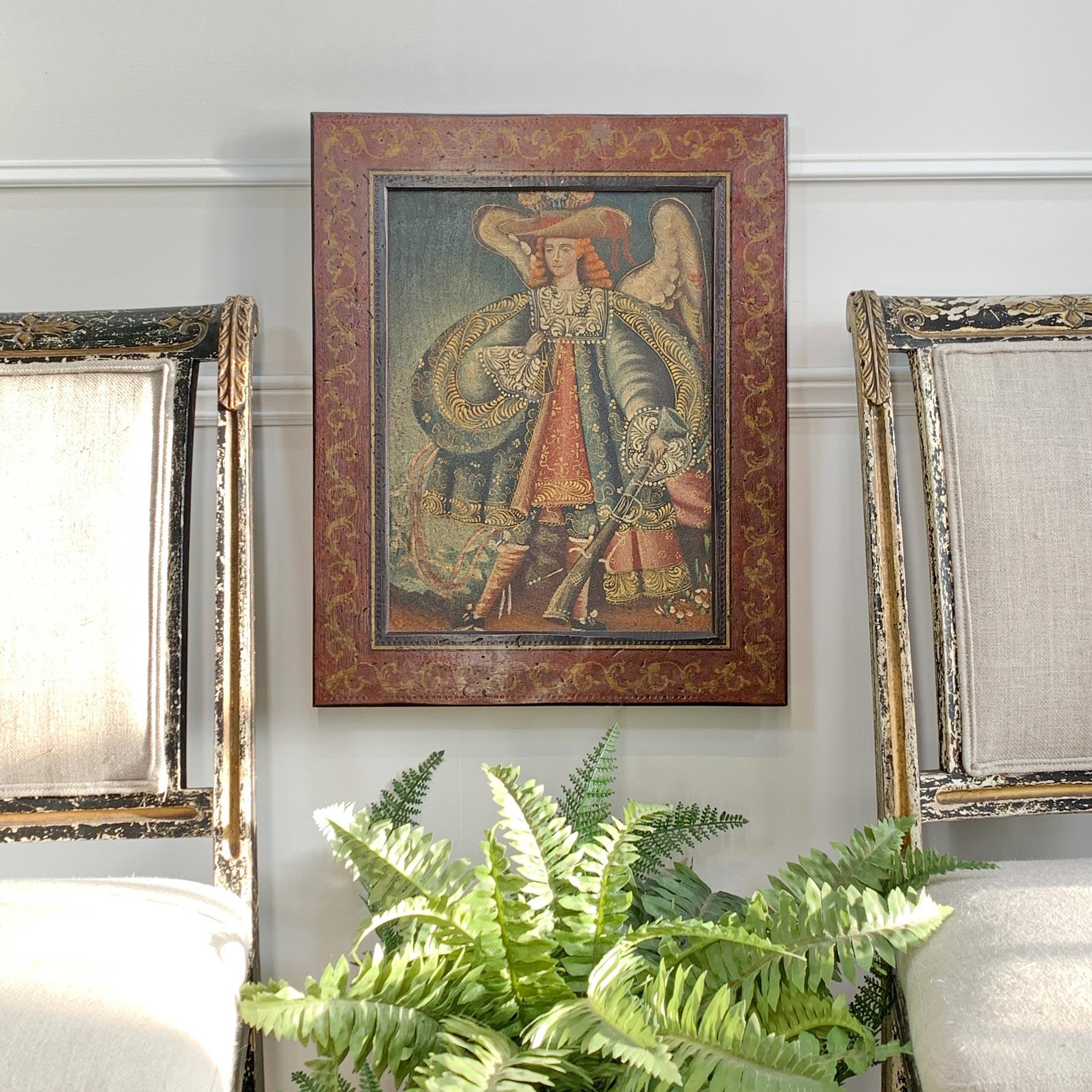 Óleo sobre lienzo de la Escuela Peruana de Cuzo del Arcángel Miguel. El lienzo se ha vuelto a montar sobre bastidores nuevos, algunas pequeñas marcas en el borde del bastidor.



La escuela cuzqueña o cusqueña fue una tradición artística católica