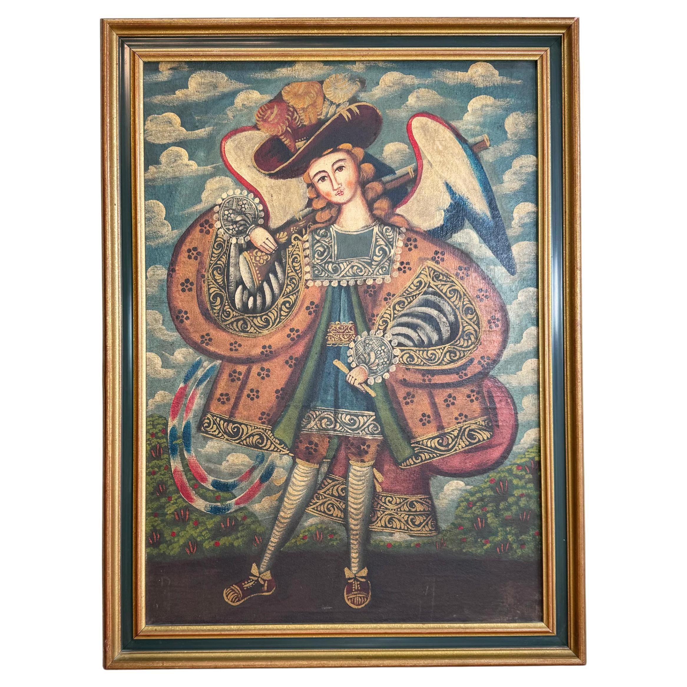 Huile sur toile de l'école de Cuzco du XIXe siècle Archange Raphael en vente