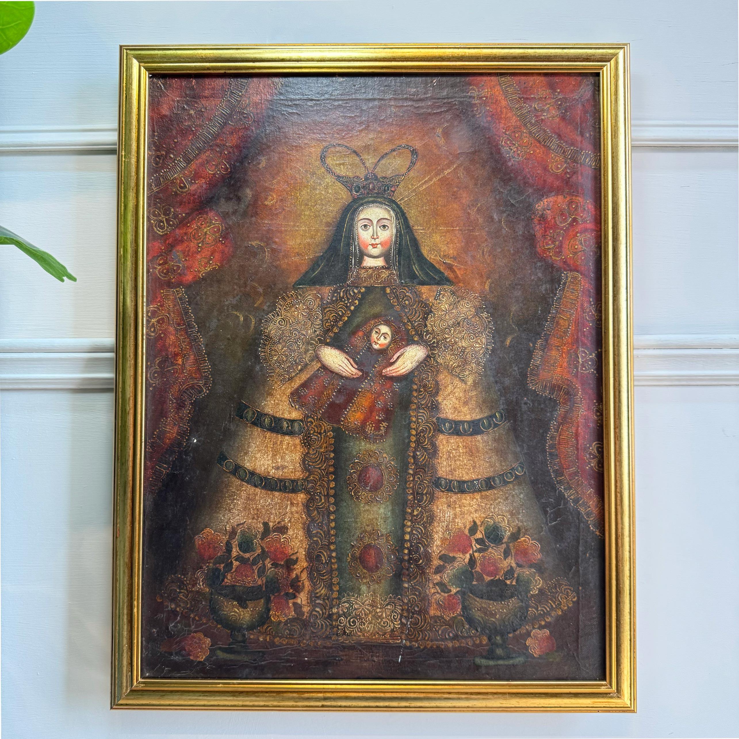 19. Jahrhundert Cuzco Schule Öl auf Leinwand Heilige Mutter und Jesuskind im Angebot 4