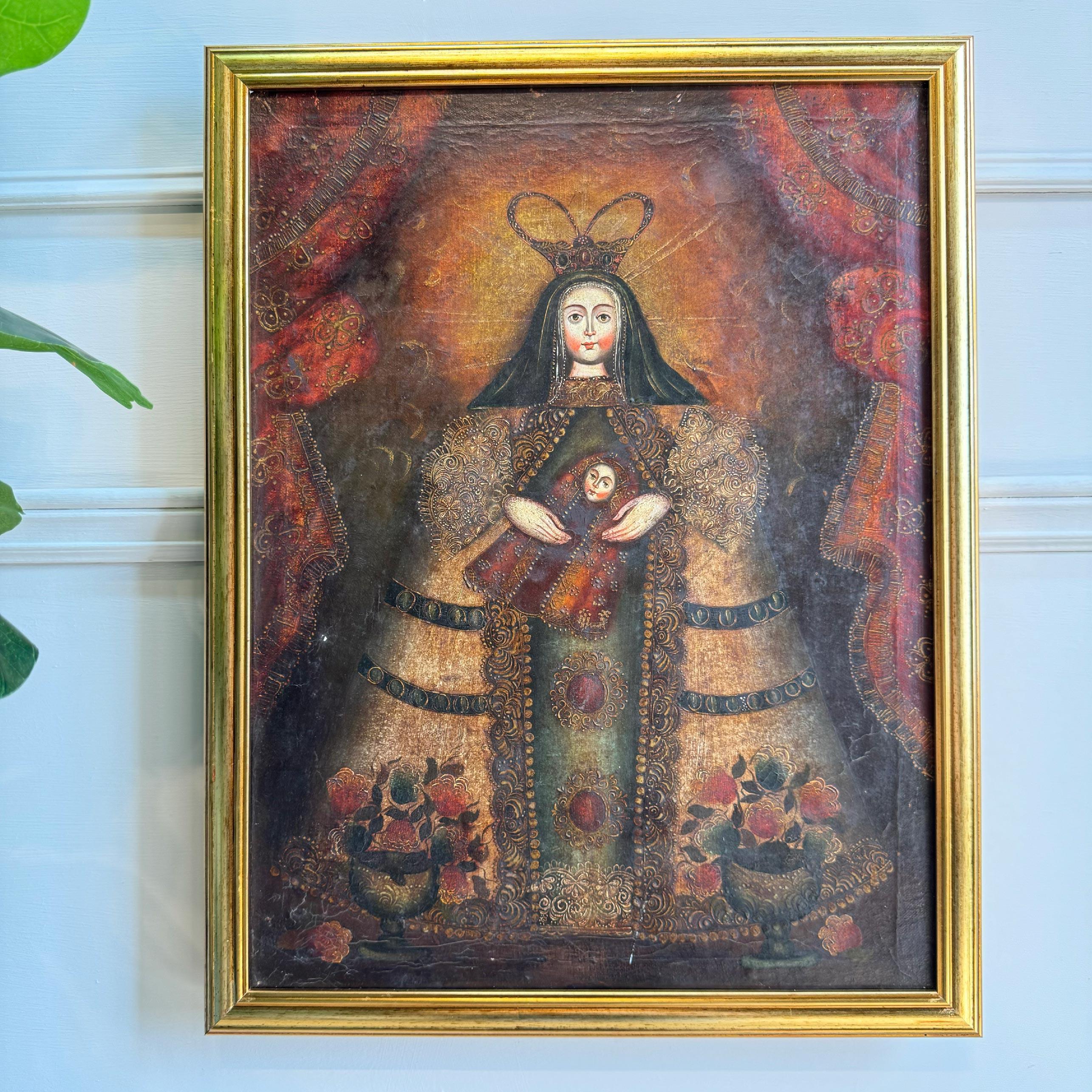 19. Jahrhundert Cuzco Schule Öl auf Leinwand Heilige Mutter und Jesuskind (Barock) im Angebot